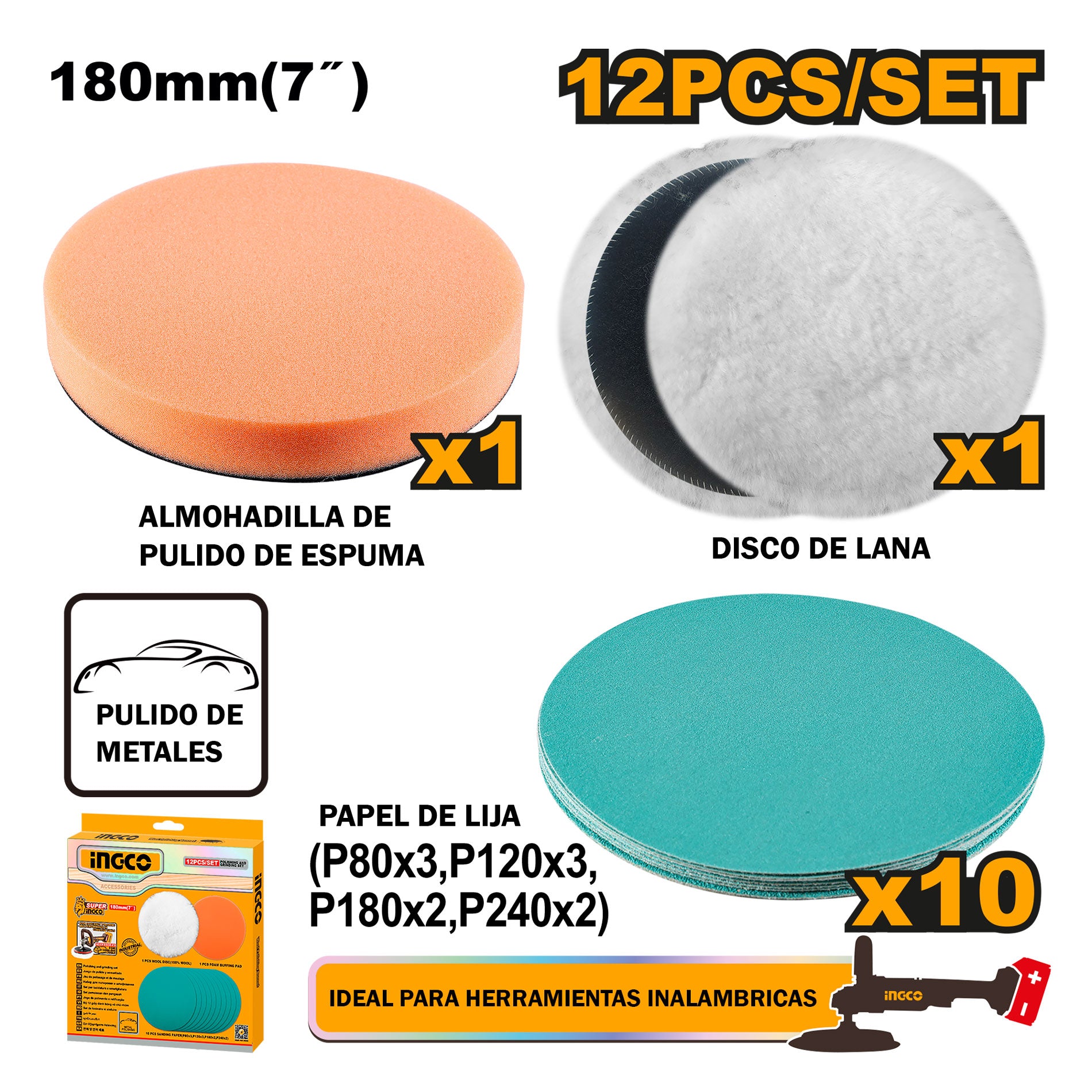 Kit de Pulido y Esmerilado INGCO 7" 12 Piezas Disco Lana y Lijas APG18012