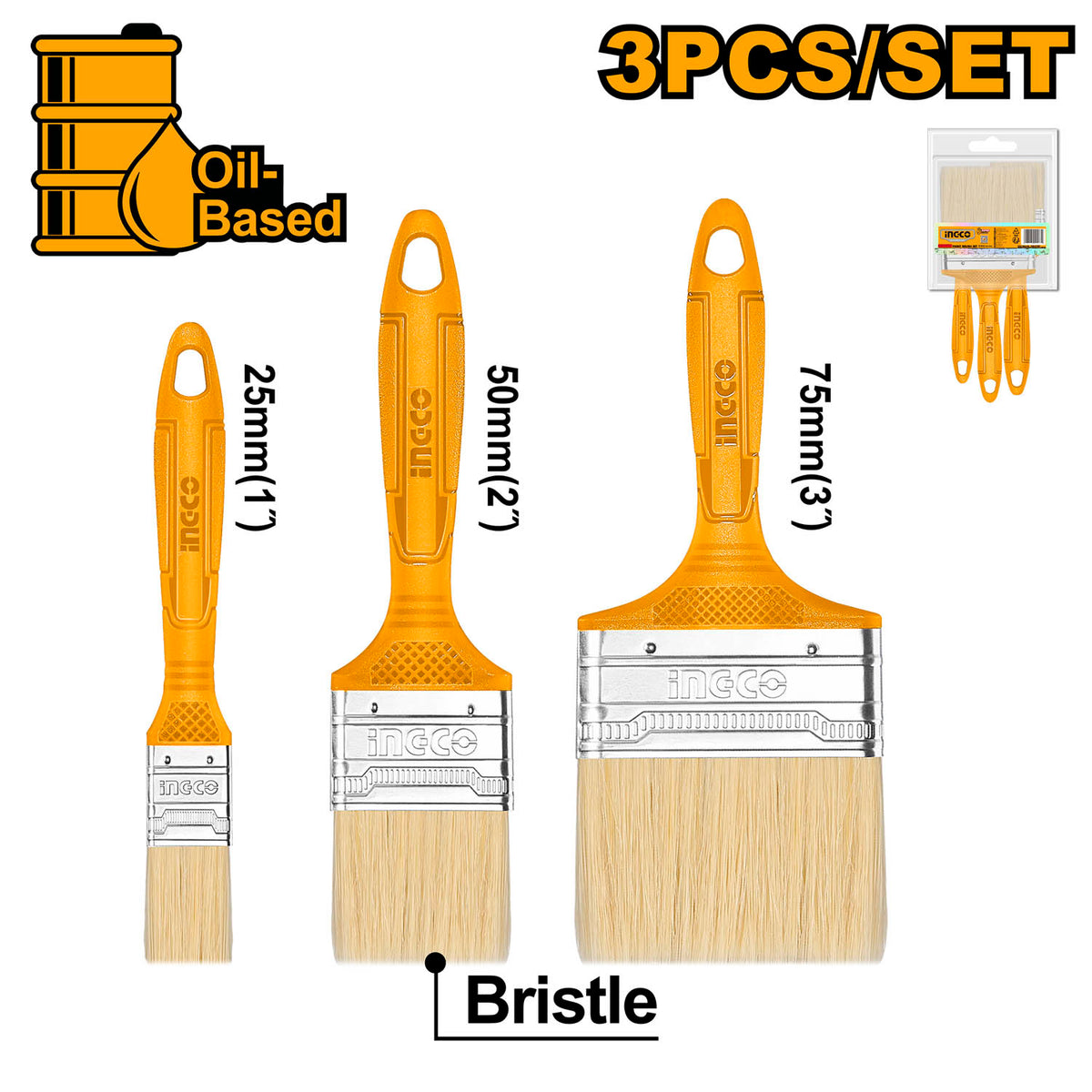 Set De 3 Brochas Para Esmalte 1 2 Y 3 Pulgadas Mango Plastico Ingco Chptb7860301