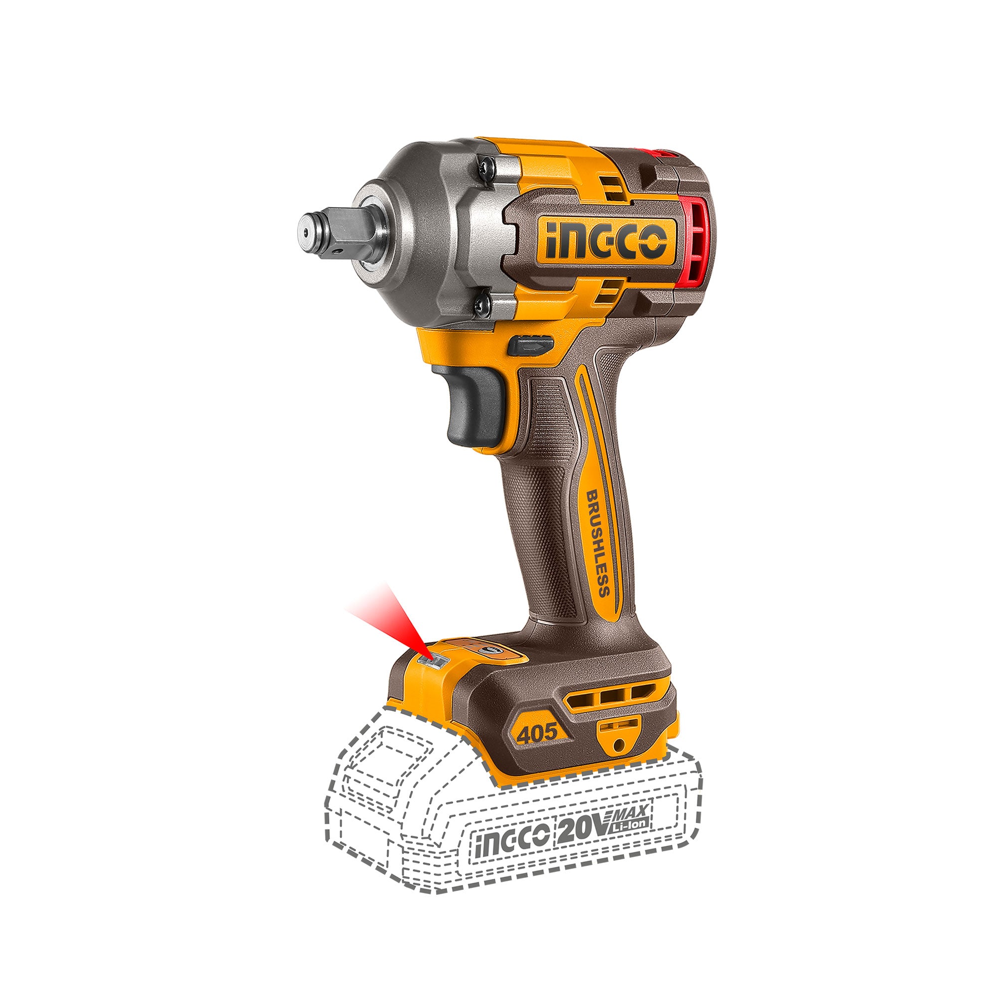 INGCO LLAVE DE IMPACTO M1/2 20V 405NM BRUSHLESS SIN BATERIA CIWLI20451