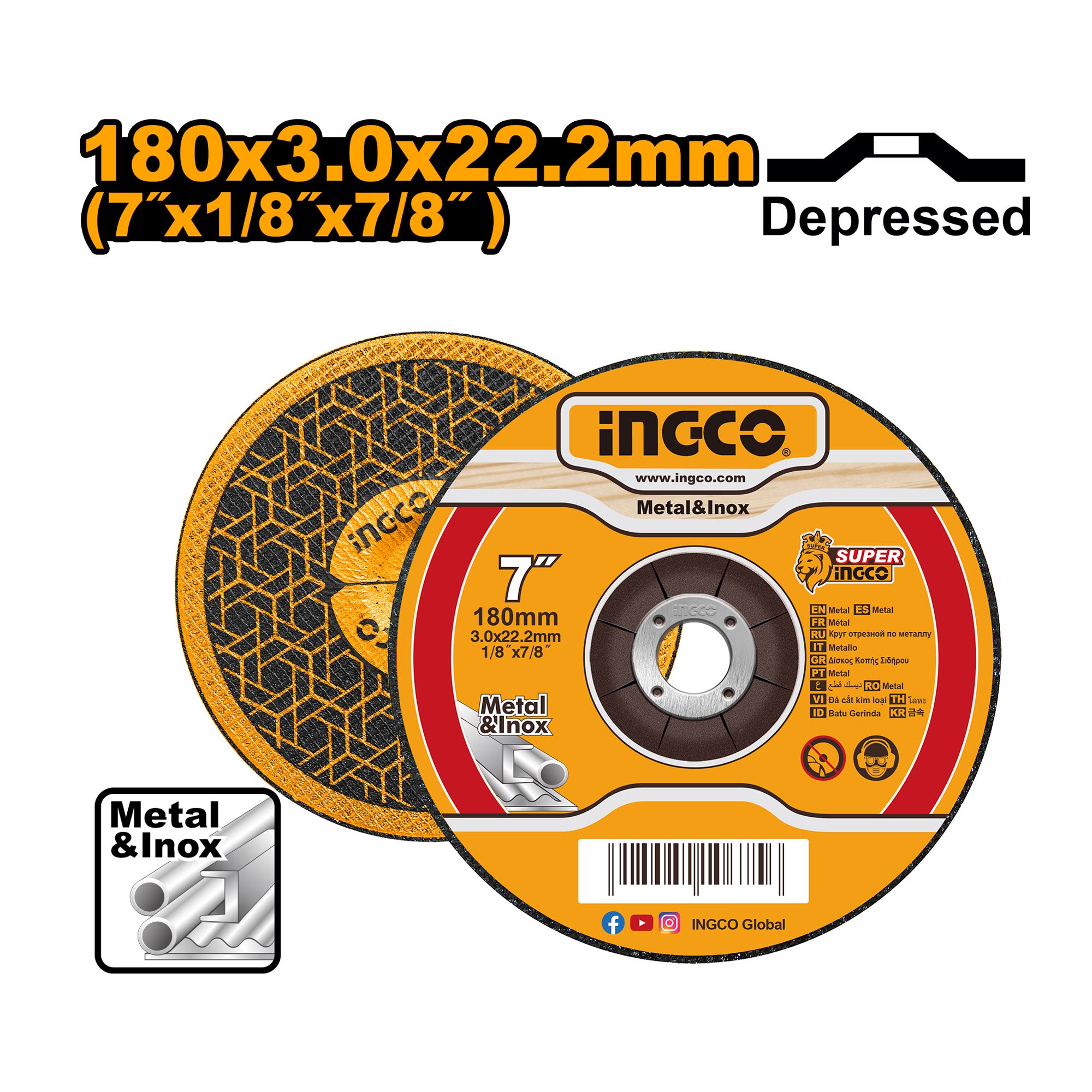 Disco de Corte para Metal e Inoxidable INGCO 180mm 7" x 3.0mm MCD301801