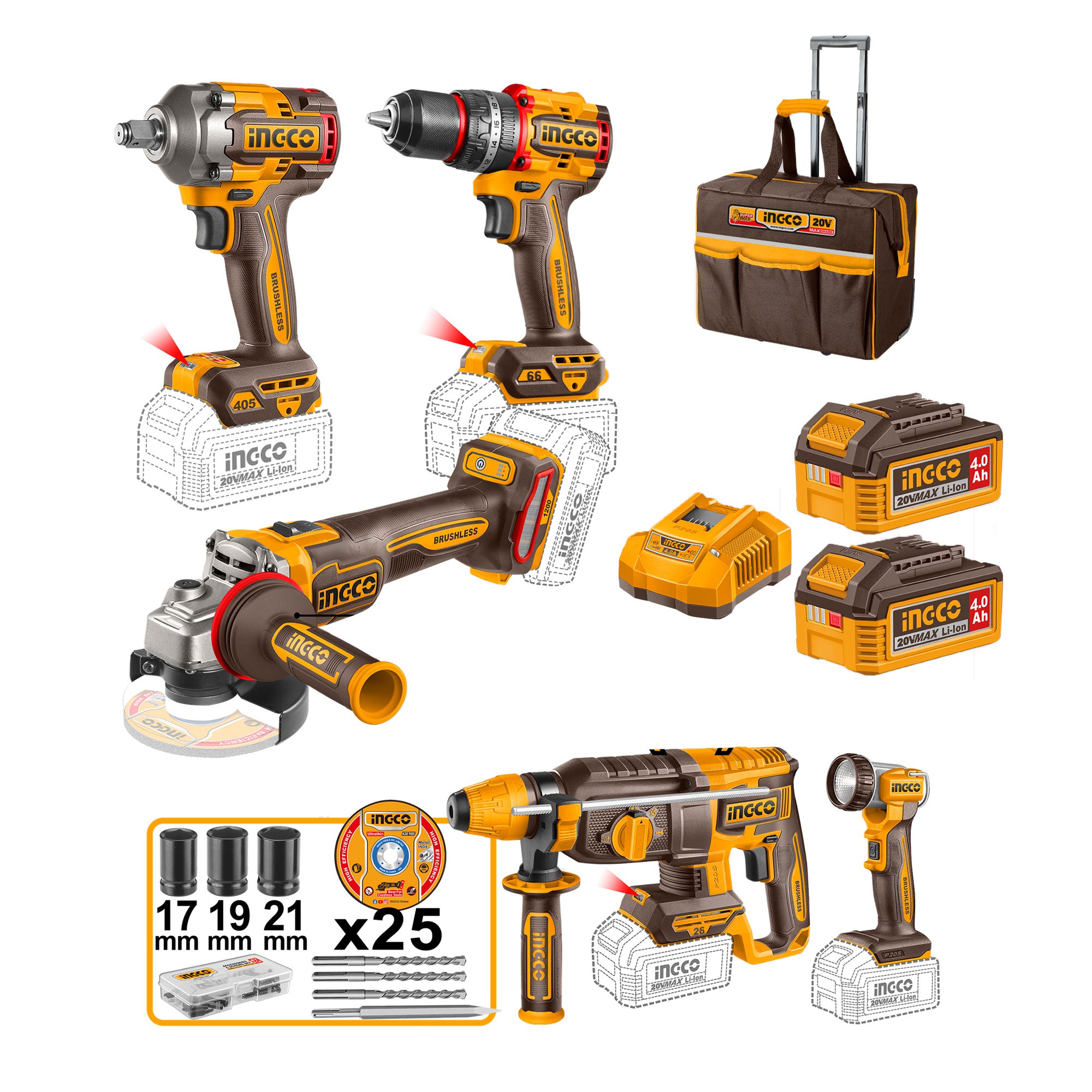 Combo 20V 1 Taladro De Impacto 1/2, Pulidora, Llave De Impacto, Rotomartillo, Lampara, Uckli20595