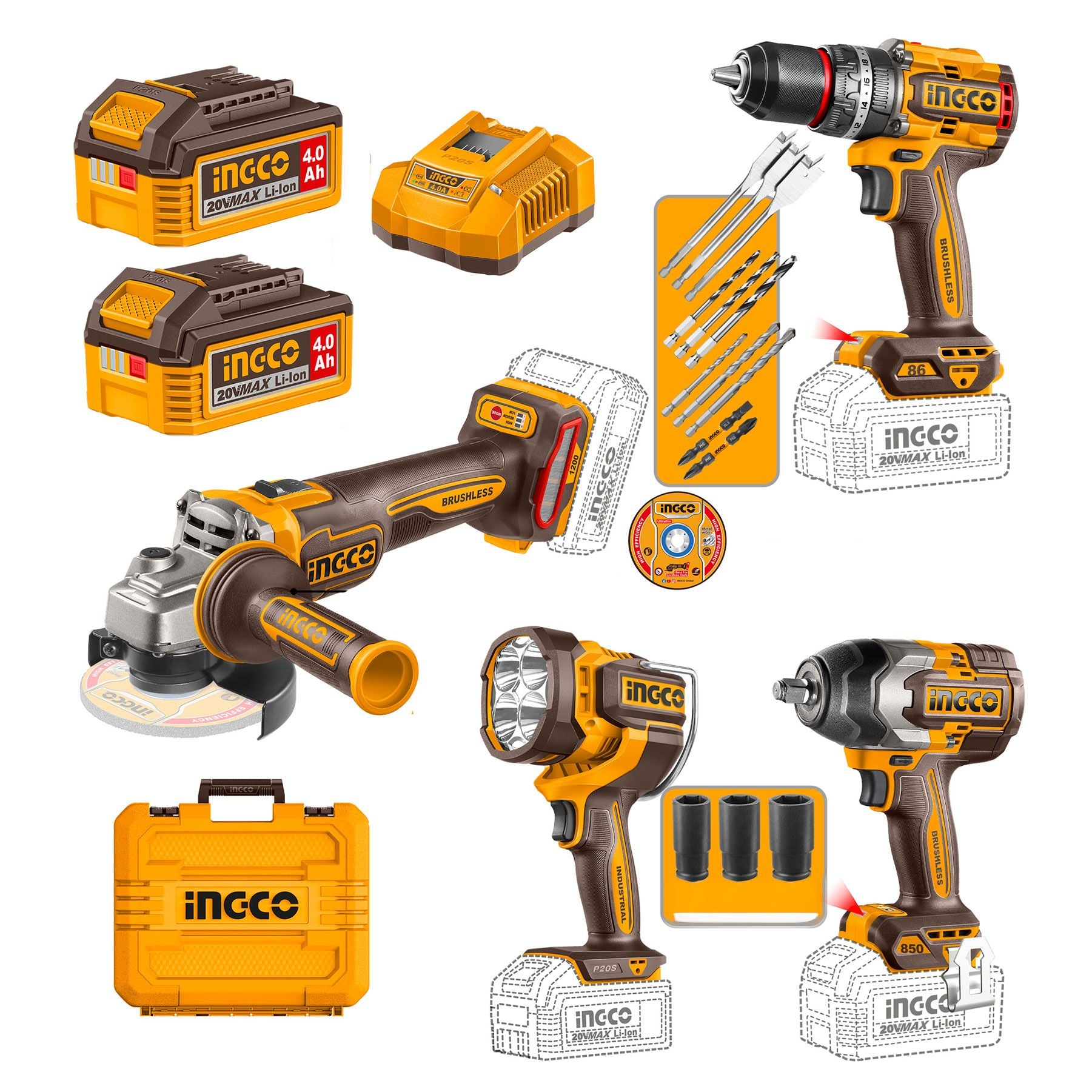 Combo de herramientas Inalámbricas Pulidora 4-1/2 Taladro 1/2 Llave de impacto UCOSLI251192