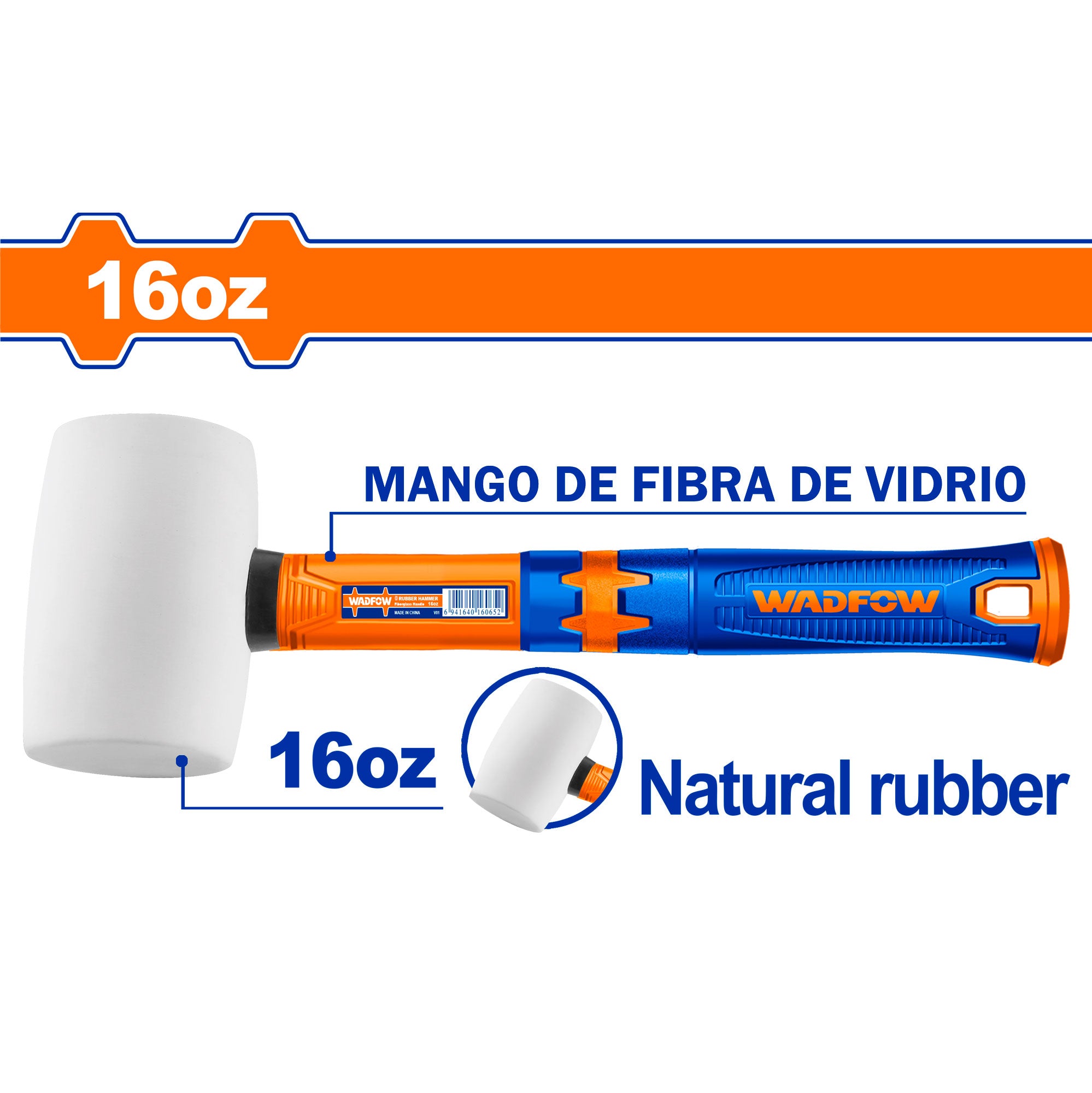 Mazo de caucho natural 16oz mango de fibra de vidrio WADFOW WHM7304