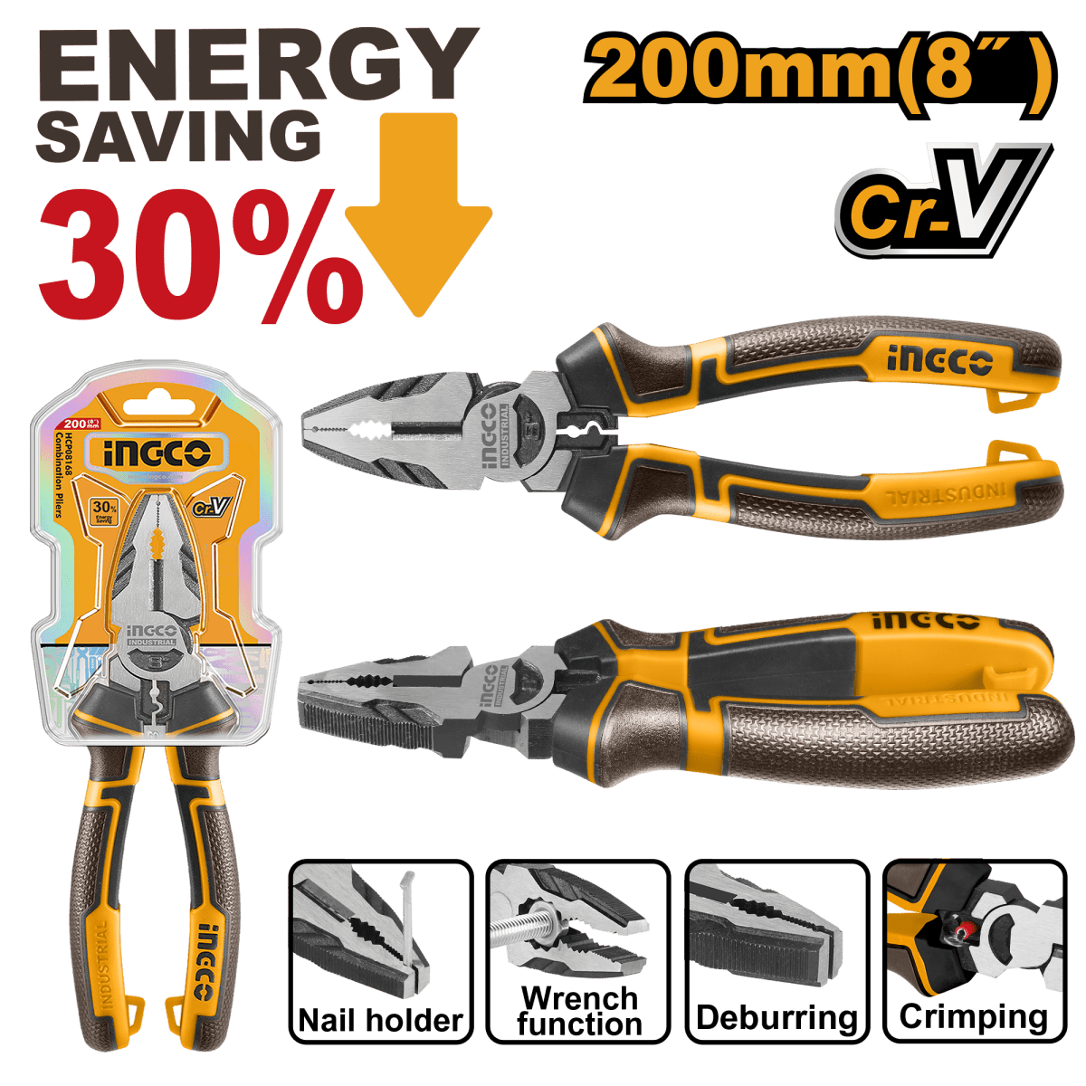 Alicate Combinación 8" INGCO Cr - V Mango TPR Bicolor HHCP28200 - MARKEMSTORE - Alicates
