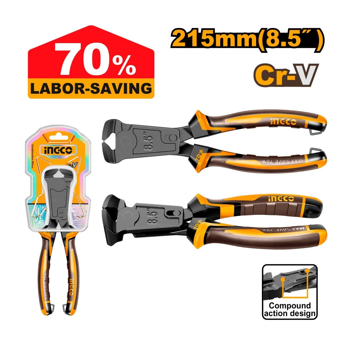 Alicate Corte Frontal 8,5 Cr-V Ingco HCECP58206 - MARKEMSTORE - Alicates