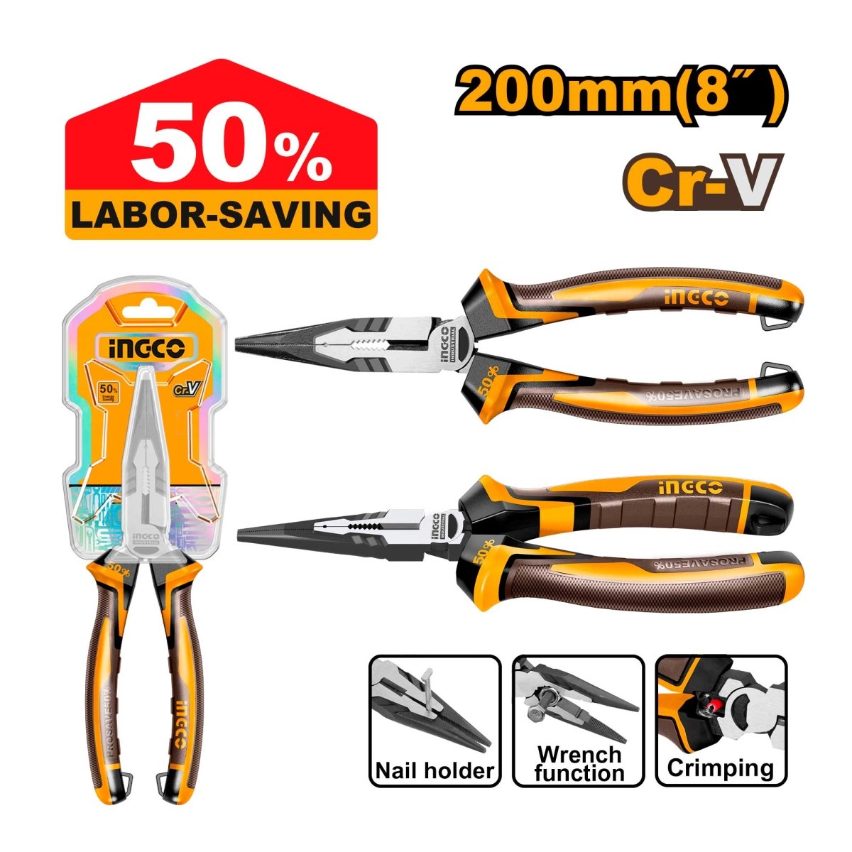 Alicate Punta Larga 8 Alto Performance Crv Ingco HHLNP28208 - MARKEMSTORE - Alicates