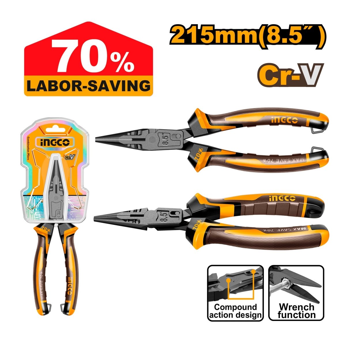 Alicate Punta Larga 8,5 Cr-V Ingco HCLNP58206 - MARKEMSTORE - Alicates