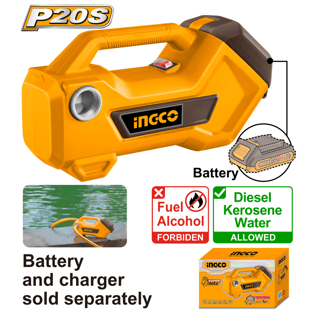 Bomba Trasiego Liquidos Inalámbrico Ion Litio 20V INGCO TPLI2001 - MARKEMSTORE - Motobombas