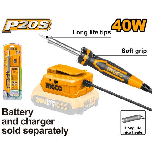 Cautin Ionlitio 20V 40W Tiempo Calentamiento 3 - 5Min Ingco CSILI2001 - MARKEMSTORE - Soldadores