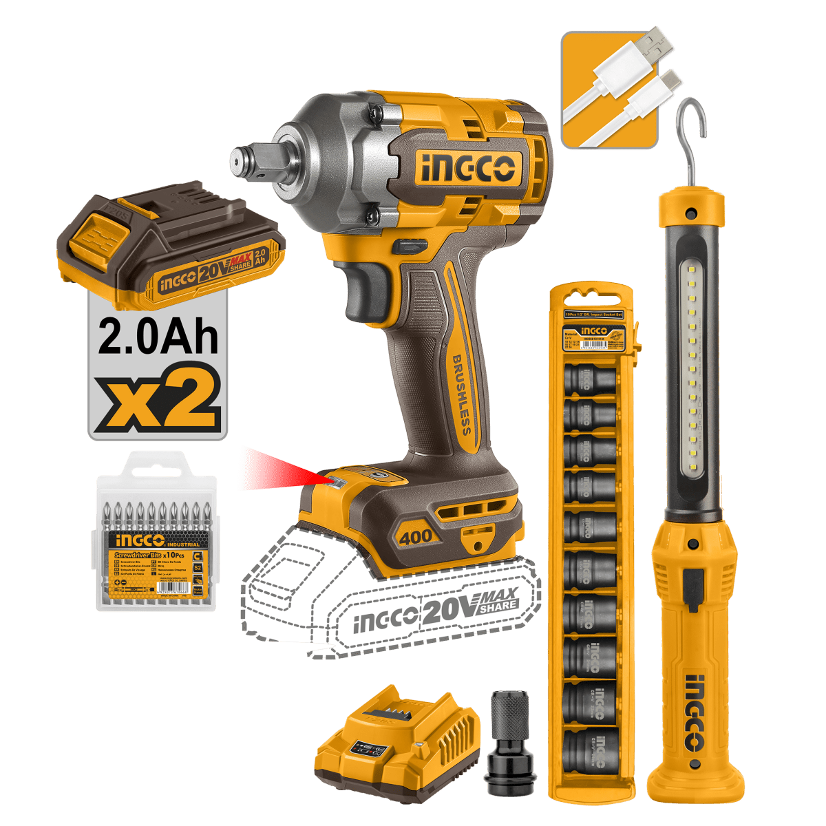 Combo 1 Llave De Impacto 1 Lampara 20V y accesorios Ucosli23048 - MARKEMSTORE -