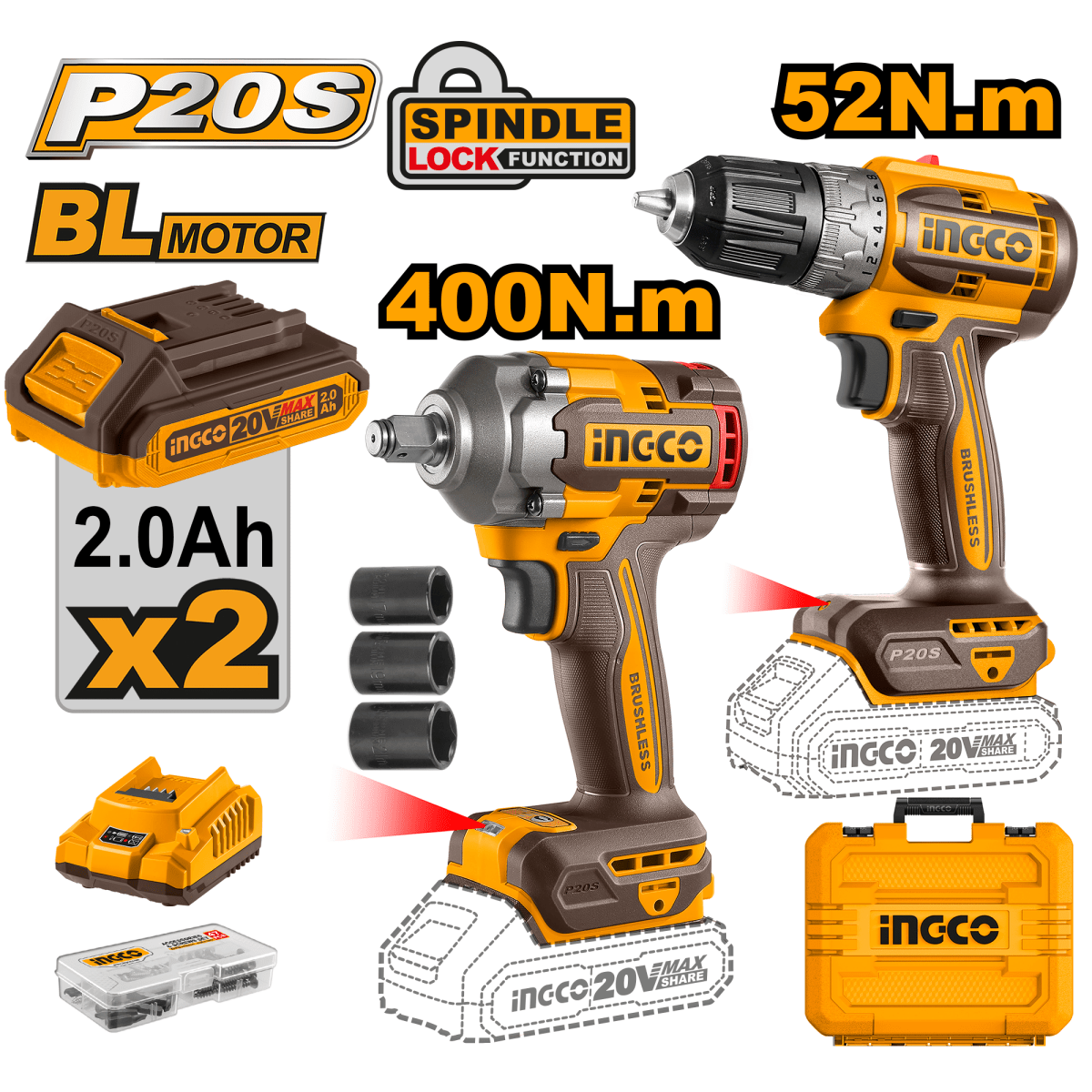 Combo: 1 Taladro 20V 52Nm + 1 Llave Impacto 20V 400Nm Con 2 Baterias INGCO UCKLI20271 - MARKEMSTORE -