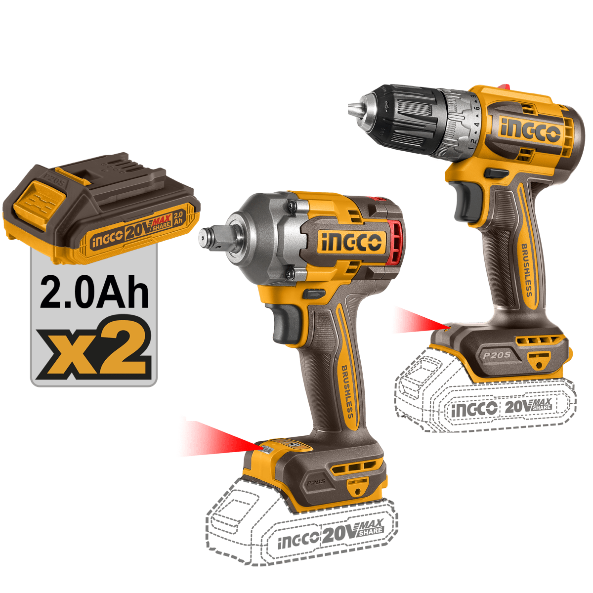 Combo: 1 Taladro 20V 52Nm + 1 Llave Impacto 20V 400Nm Con 2 Baterias INGCO UCKLI20271 - MARKEMSTORE -