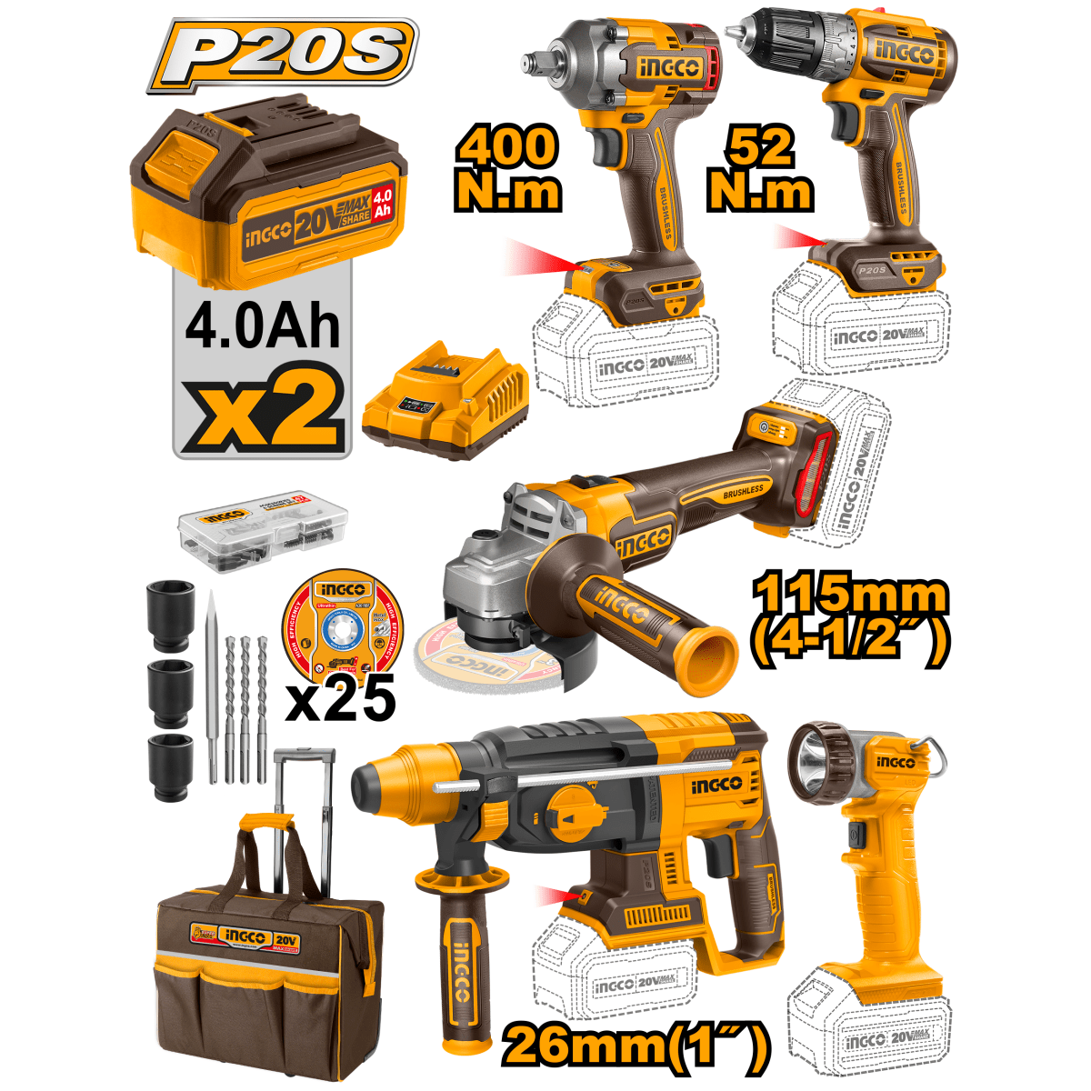 Combo Herramientas Inalámbricas y Accesorios INGCO UCKLI2058 - MARKEMSTORE -