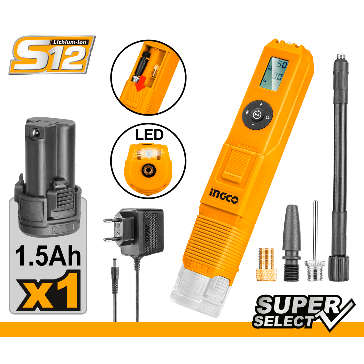 Compresor Automotriz Ion Litio 12V 160Psi - 3 Adaptadores 1 Bateria 1.5Ah 1 Cargador Ingco UCACLI12011 - MARKEMSTORE -