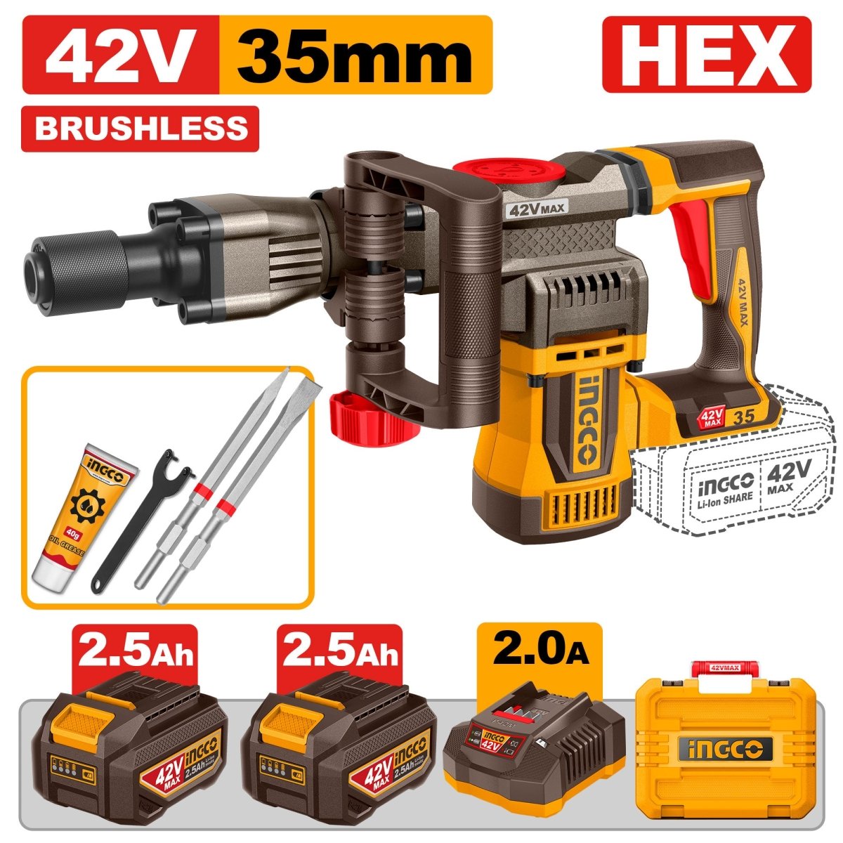 Demoledor 42V 3300Bmp 18J Sds Hex 2 Cinceles 2 Bateria Y Cargador UCDBLI423582 - MARKEMSTORE - Demoledores y Accesorios