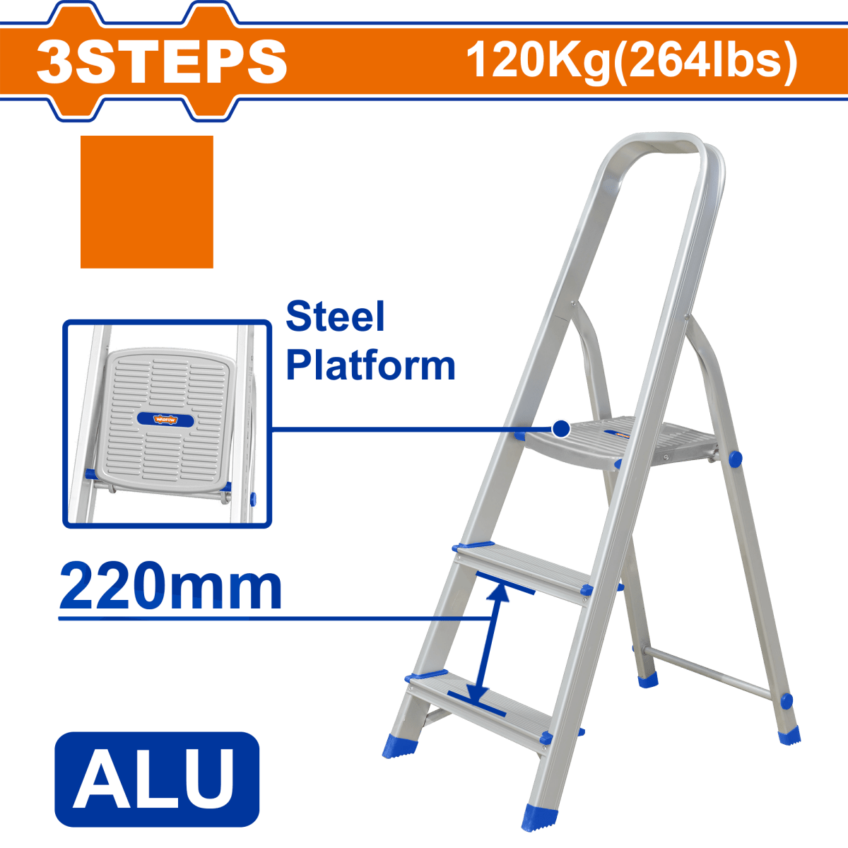 Escalera Alum. 3 Pasos Cap 120Kg WADFOW WLD3H03 - MARKEMSTORE -