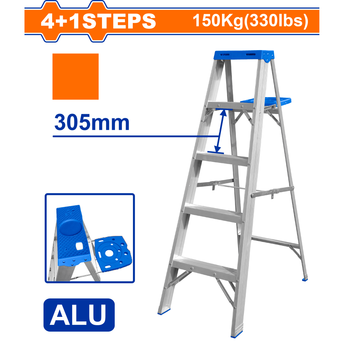 Escalera Aluminio Tipo Tijera Con Bandeja 4P+1 Cap 150K WADFOW REF. WLD4H05 - MARKEMSTORE -