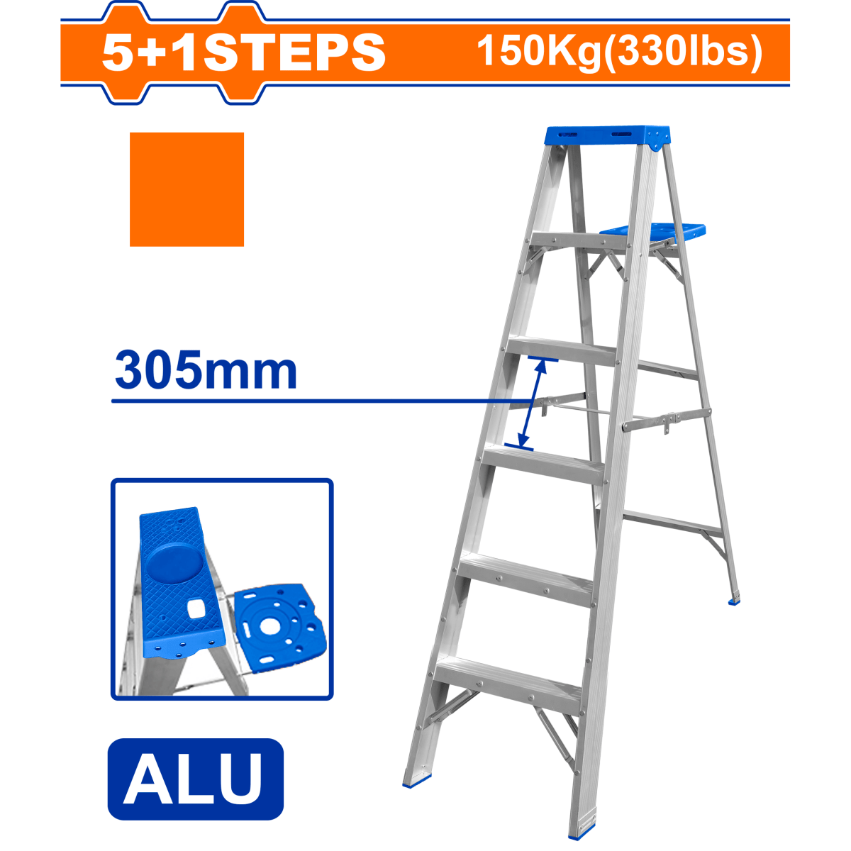 Escalera Alumino Tipo Tijera C/Bandeja 5P+1 Cap 150K WADFOW REF. WLD4H06 - MARKEMSTORE -
