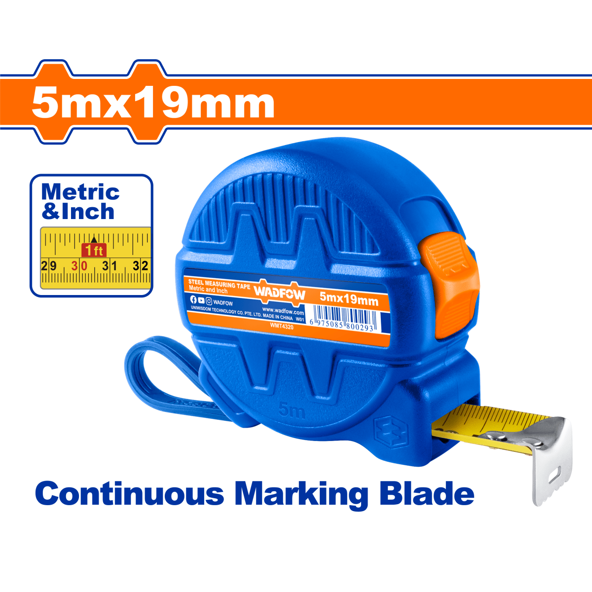 Flexómetro 7,5Mx25Mm 1 Botón Mts/Pulg WADFOW WMT4320 - MARKEMSTORE -