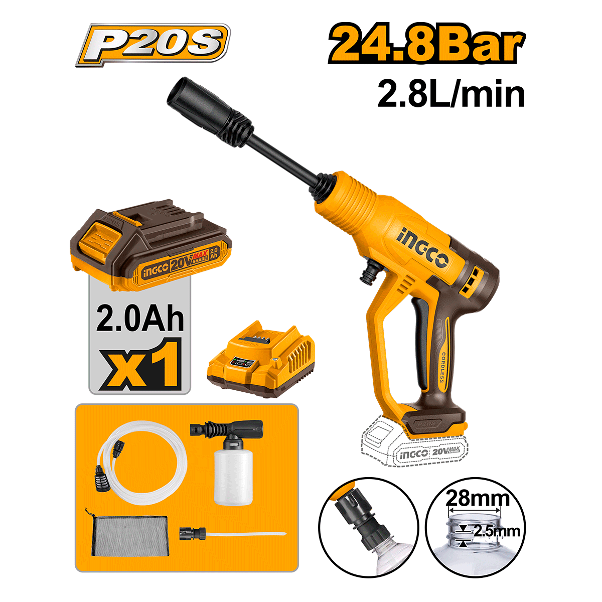 Hidrolavadora Inalámbrica INGCO 20V 24.8Bar 2.8L/min + Batería 2Ah, Cargador y Accesorios UCPWLI20362 - MARKEMSTORE - Hidrolavadoras