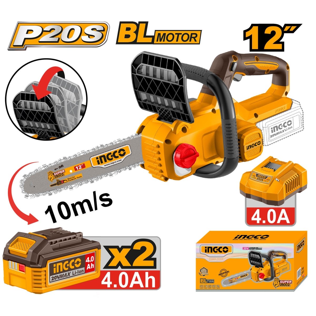 INGCO MOTOSIERRA 20V LONGITUD BARRA 12´´ INCLUYE 2 BATERIAS 4.0AH Y CARGADOR UCGSLI201262 - MARKEMSTORE -