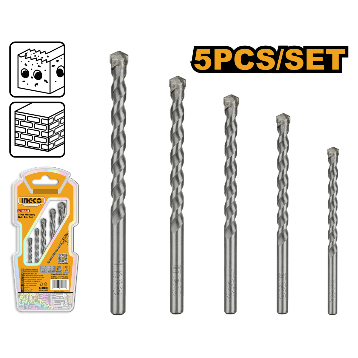 Juego De Brocas Para Muro 5pzs 5/32 - 3/8 Ingco Uakdb3055 - MARKEMSTORE - Accesorios para Taladro