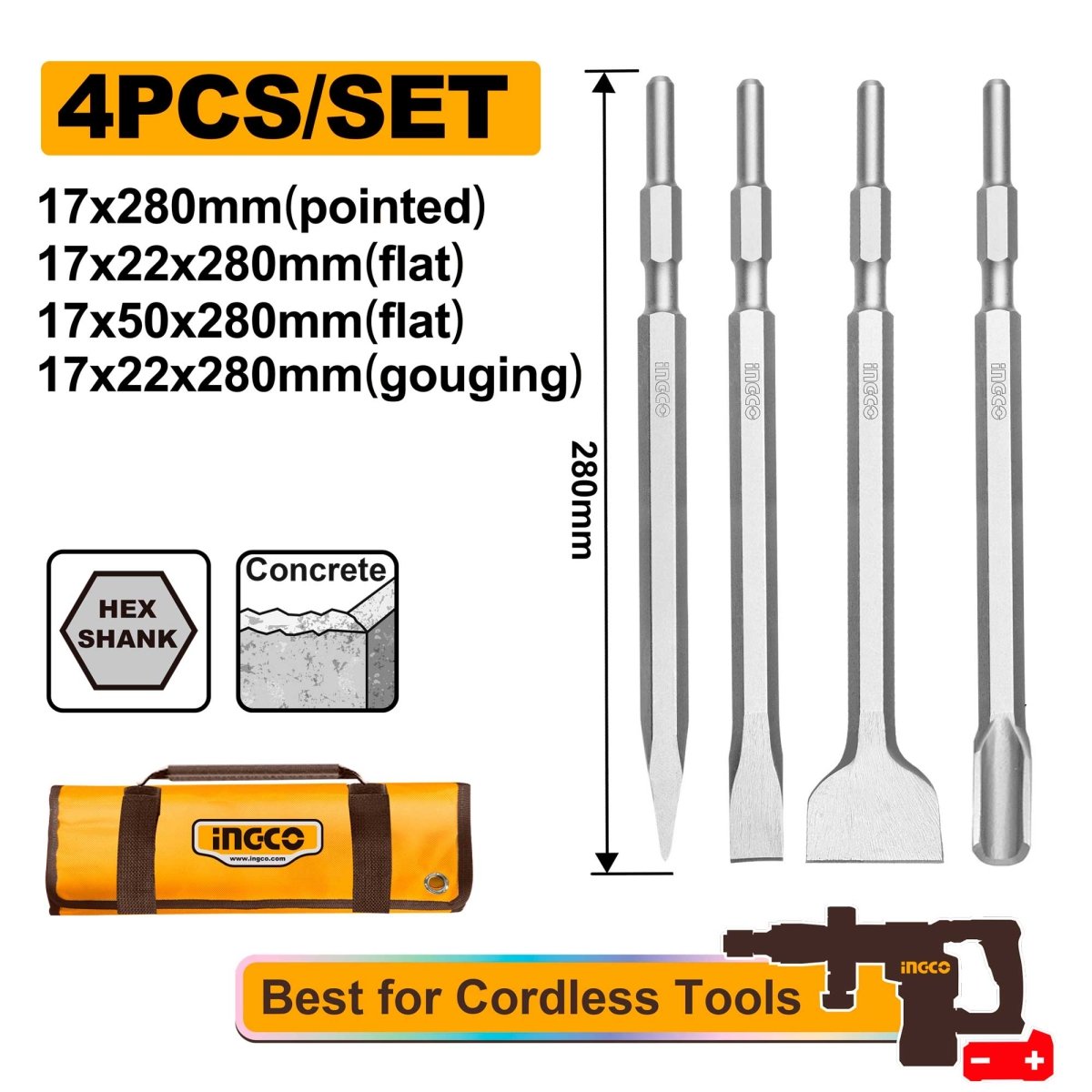 Juego De Cinceles Hex 17Mm 4 piezas Ingco DBC0804401 - MARKEMSTORE - Rotomartillos