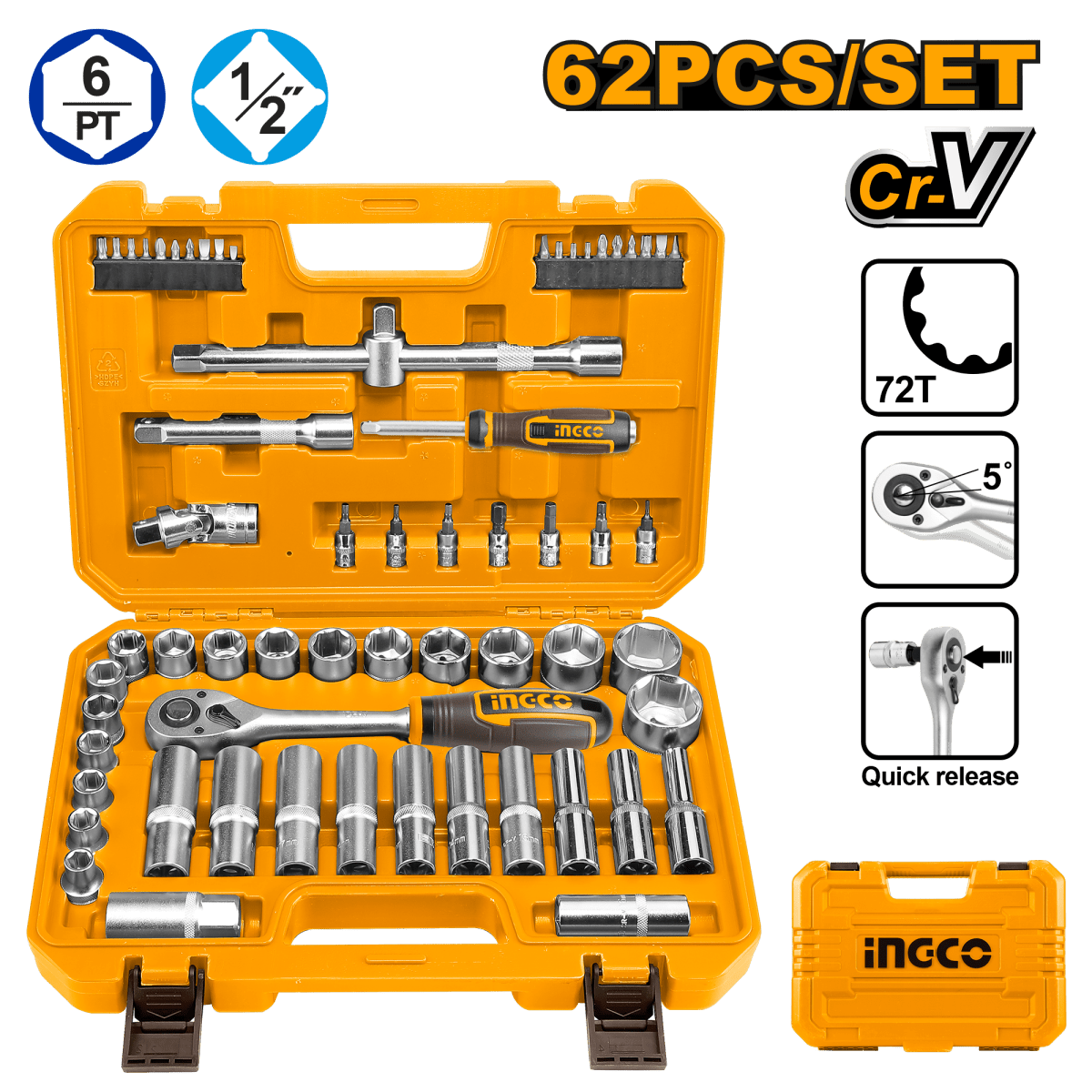 Juego de Dados 62 Pcs de 1/2" Ingco Hkts12602 - MARKEMSTORE - Dados y accesorios