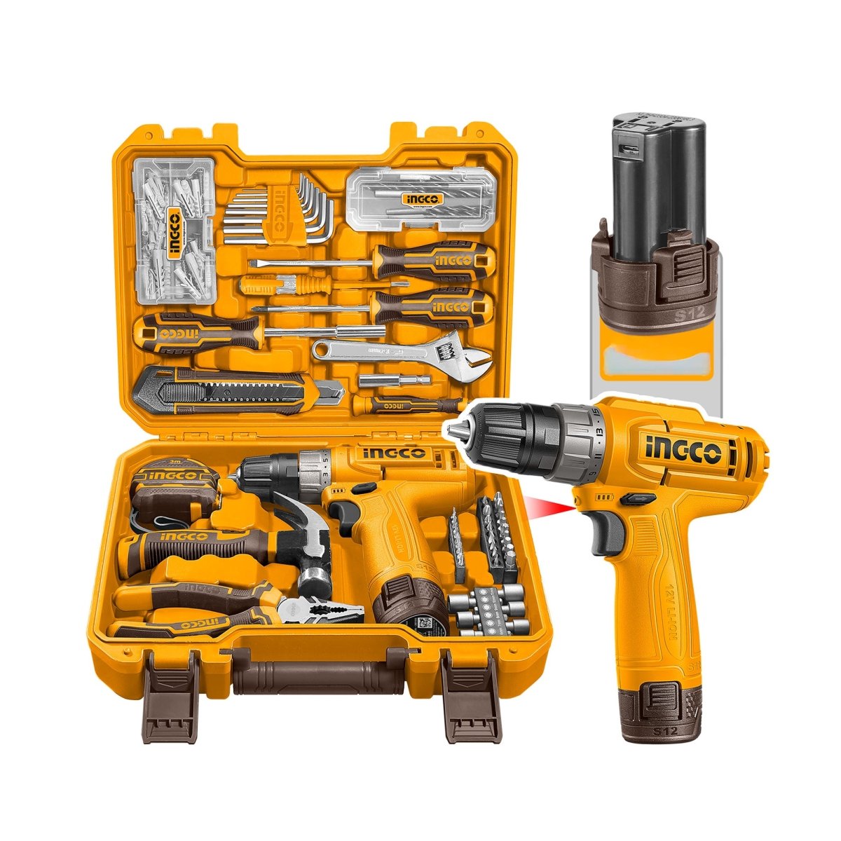 Kit de Herramientas INGCO 148 Piezas con Taladro Inalámbrico HKTHP41482 - MARKEMSTORE -