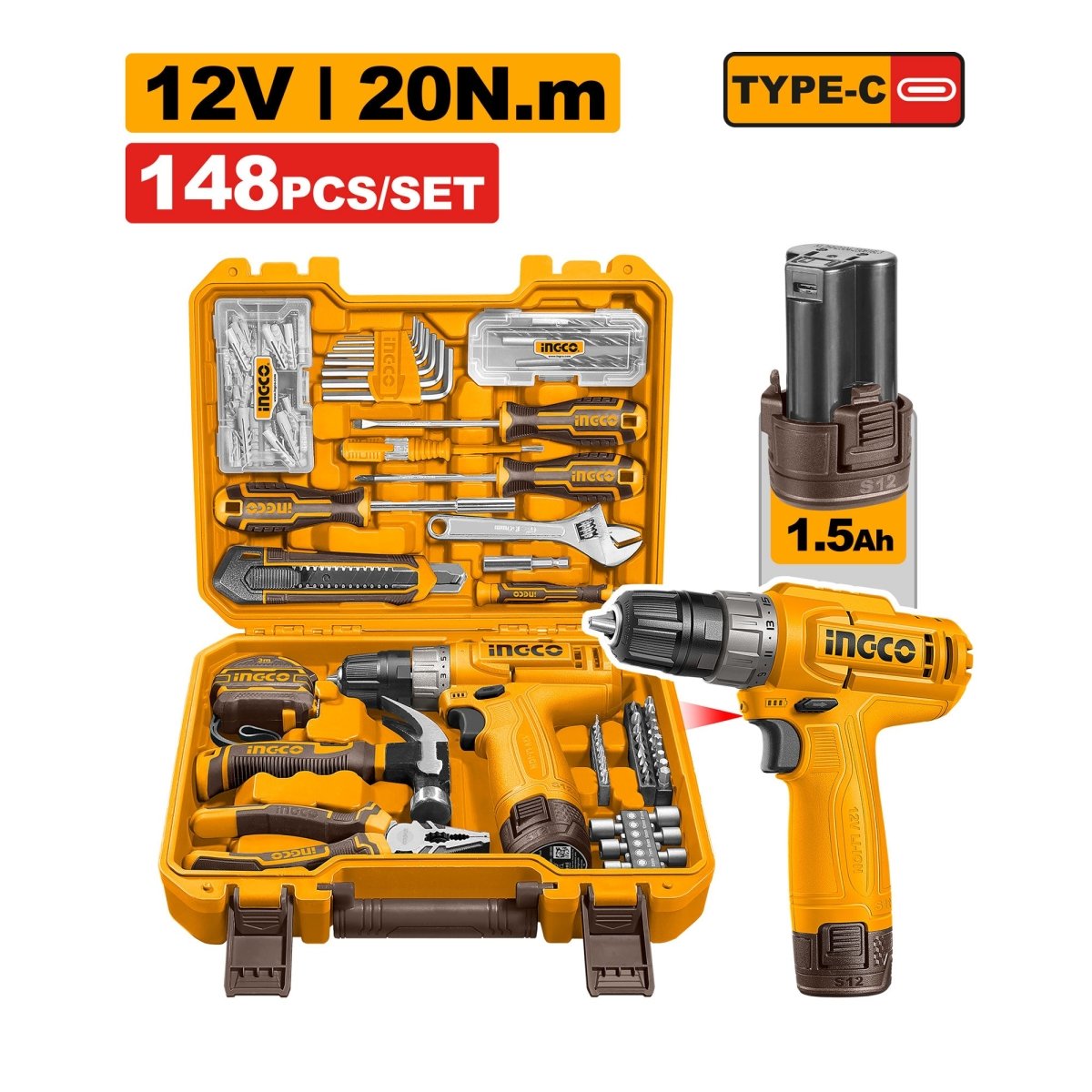 Kit de Herramientas INGCO 148 Piezas con Taladro Inalámbrico HKTHP41482 - MARKEMSTORE -