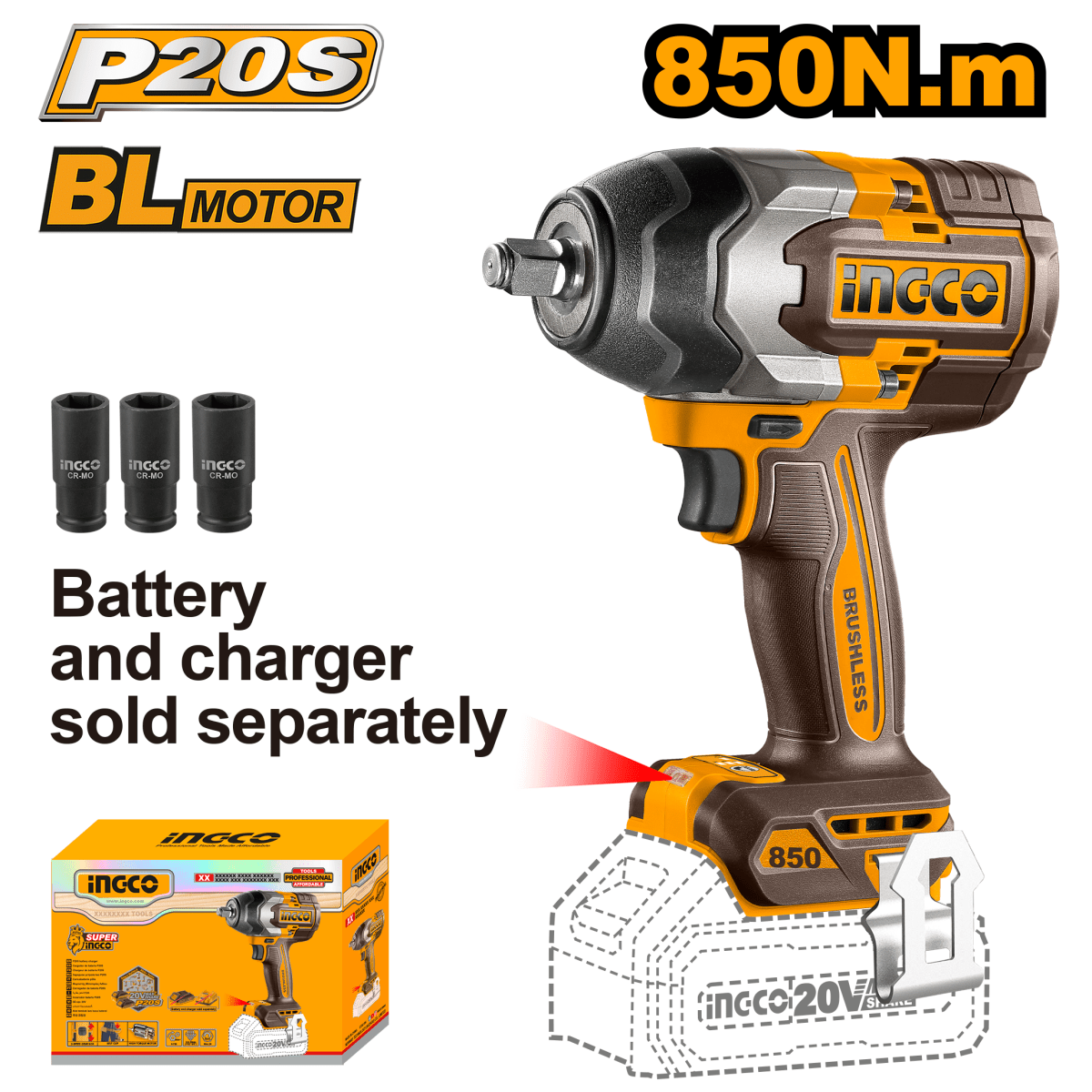 Llave De Impacto 20V M1/2 850Nm INGCO CIWLI20851 - MARKEMSTORE -