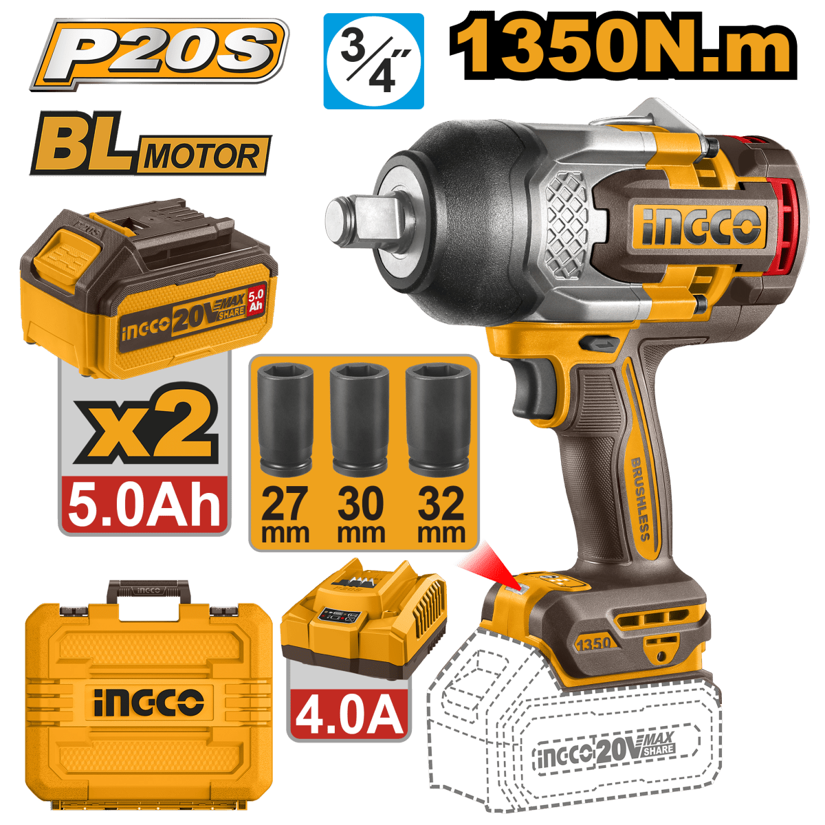 Llave De Impacto 20V M3/4 1350Nm Incluye 2 Baterias Ingco Uciwli20135 - MARKEMSTORE - Llave de Impacto