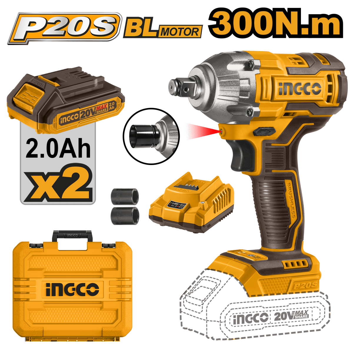 Llave De Impacto Inalambrico Ion Litio 20V M1/2 Con 2 Baterias Y Cargador INGCO UCIWLI2038 - MARKEMSTORE - Taladro