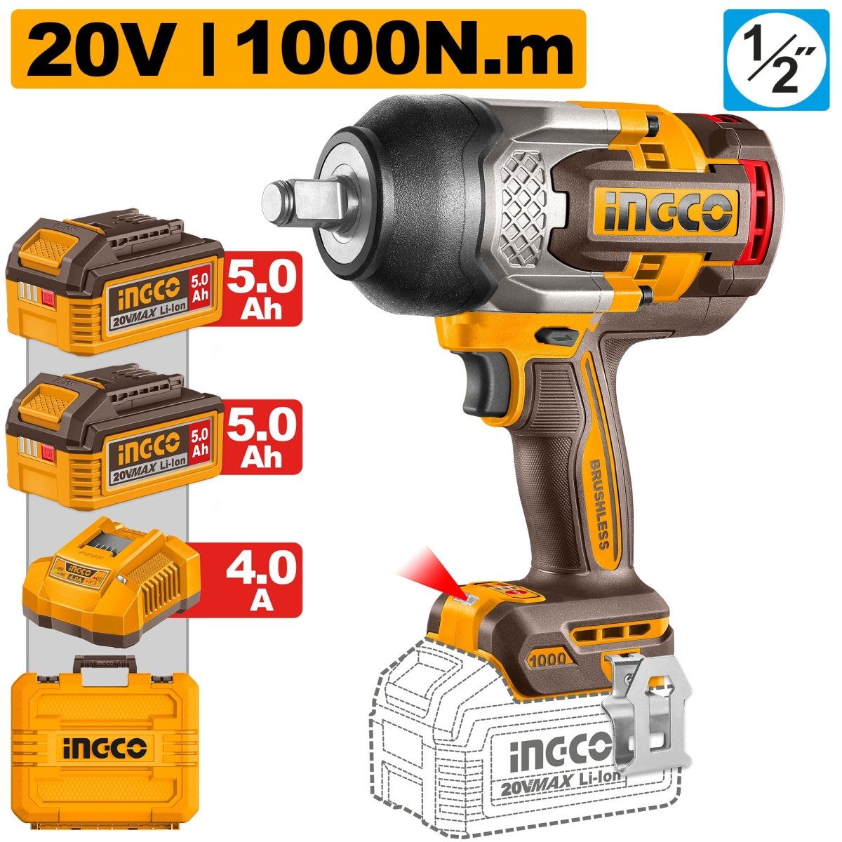 Llave De Impacto M1/2 20V 1000Nm 2100Rpm Brushless Ingco Uciwli20100 - MARKEMSTORE - Llave de Impacto