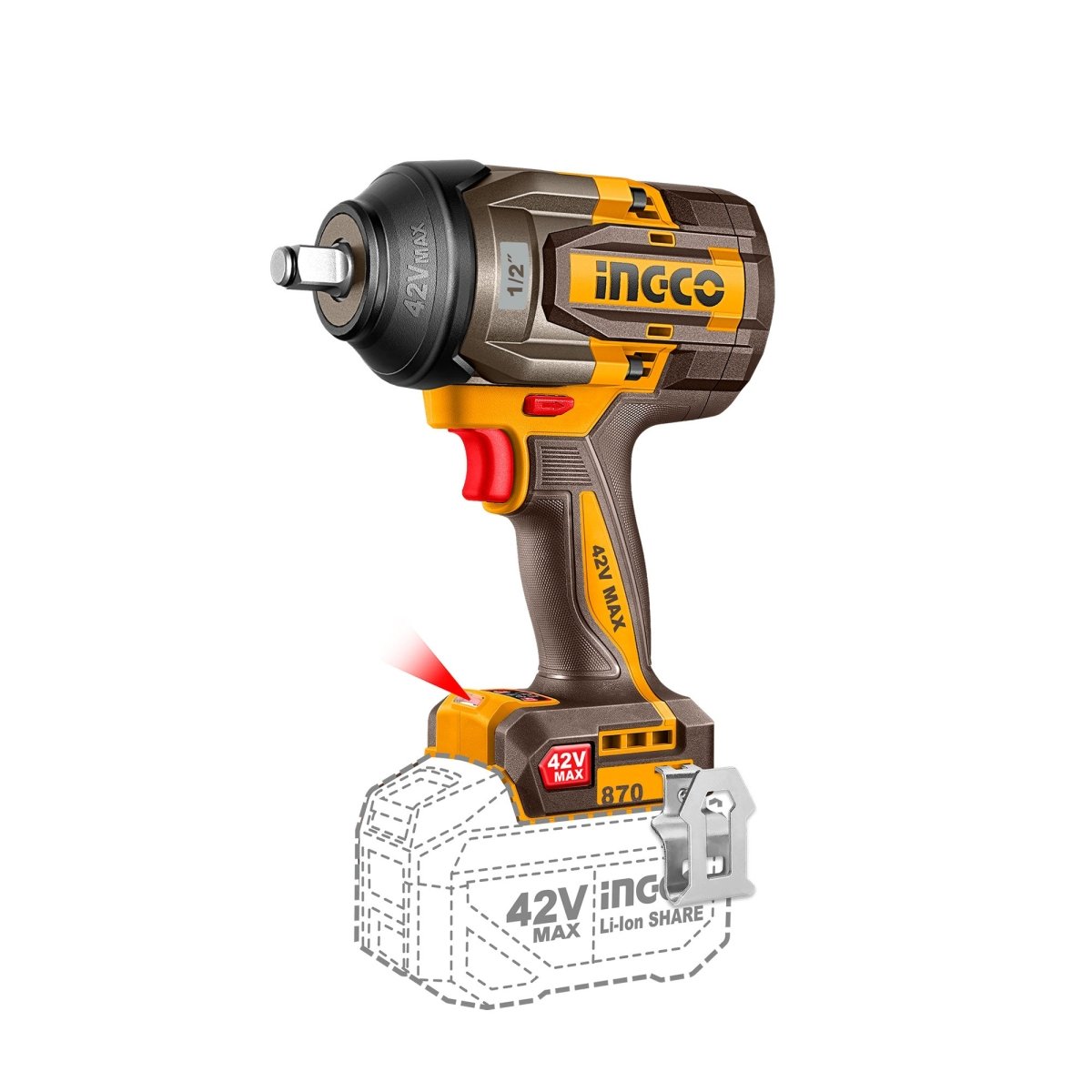 Llave De Impacto M1/2 42V 870Nm 2400Rpm Brushless ingco UCIWLI42862 - MARKEMSTORE - Llave de Impacto
