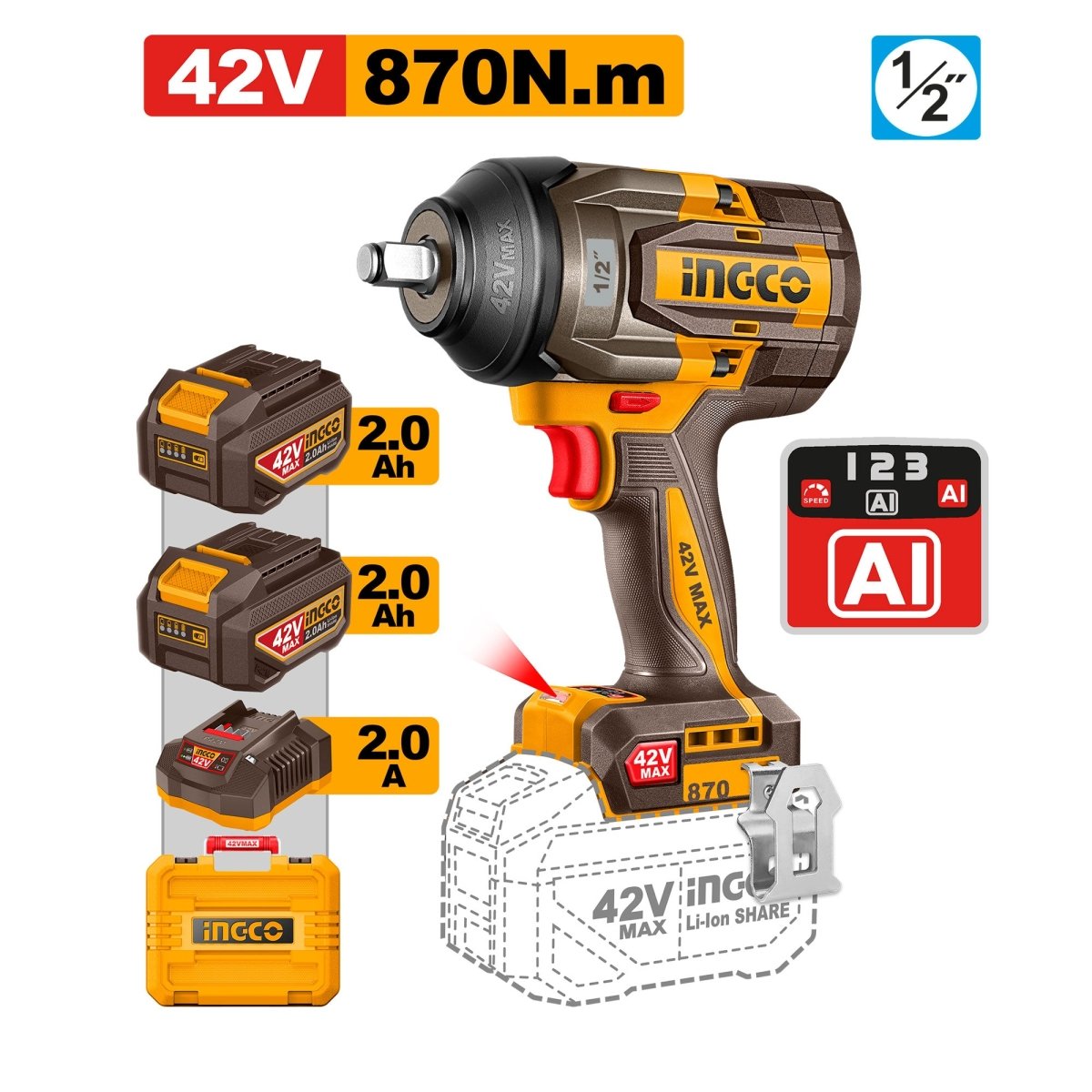 Llave De Impacto M1/2 42V 870Nm 2400Rpm Brushless ingco UCIWLI42862 - MARKEMSTORE - Llave de Impacto
