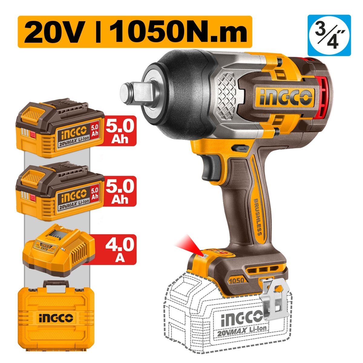 Llave De Impacto M3/4 20V 1050Nm 2100Rpm Brushless INGCO UCIWLI201056 - MARKEMSTORE - Llave de Impacto