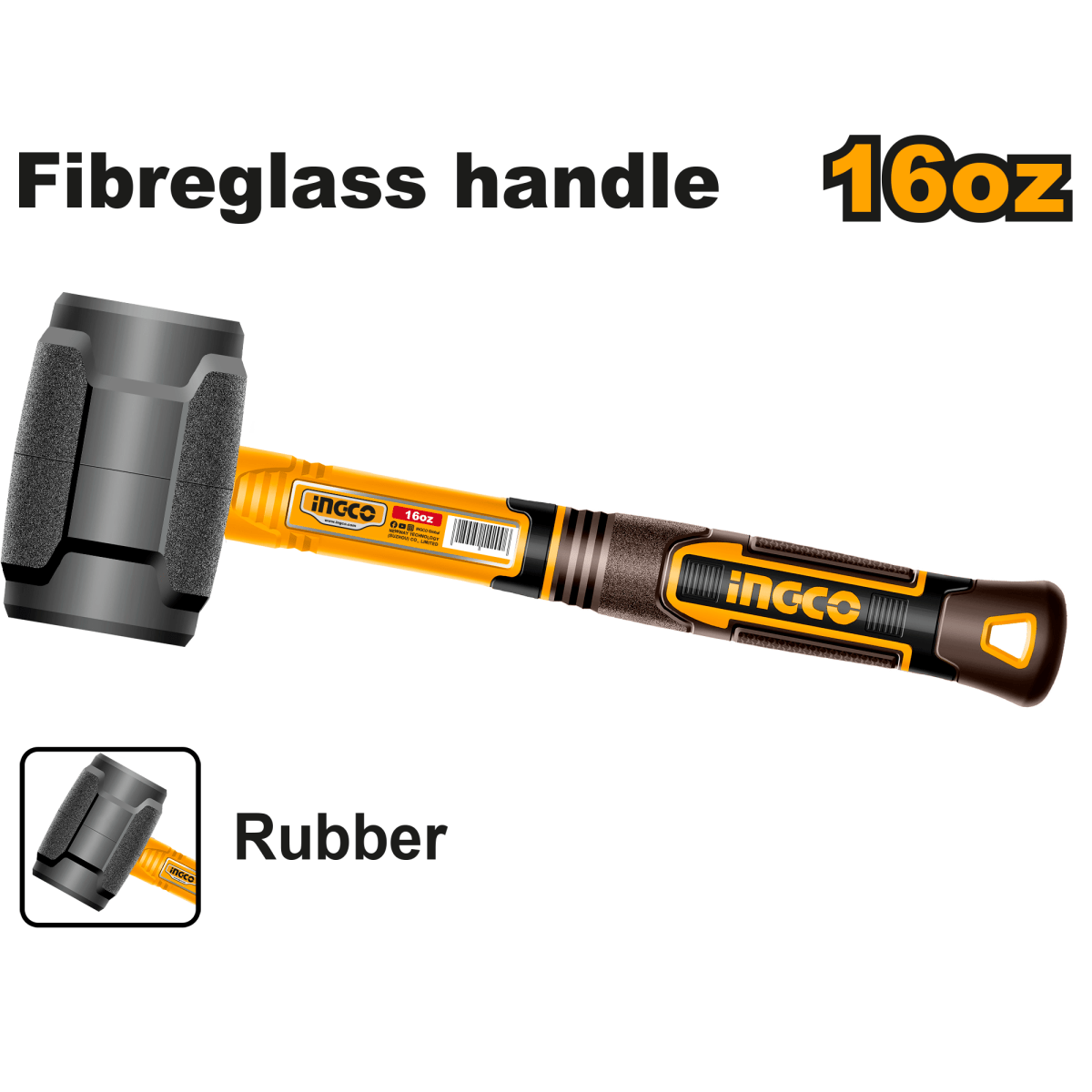 Mazo De Caucho 16Oz/450Gr Mango Fibra De Vidrio INGCO HRUH8816 - MARKEMSTORE -