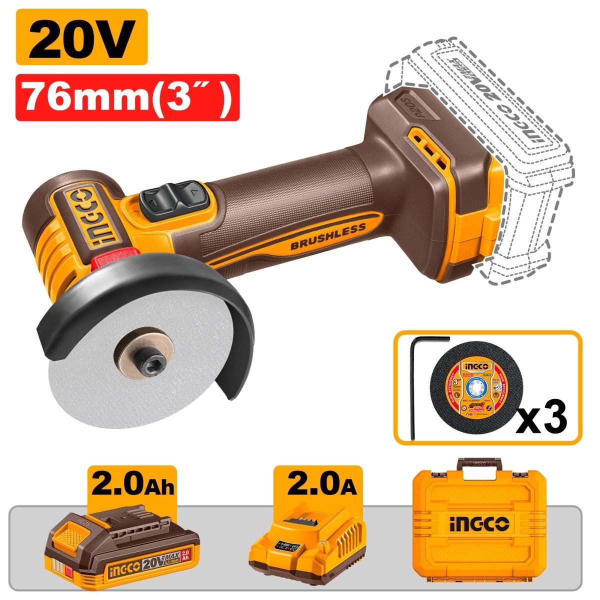 Mini Pulidora Inalámbrica INGCO 3" 20V 20000 RPM Sin Escobillas UCAGLI207625 - MARKEMSTORE - Pulidoras