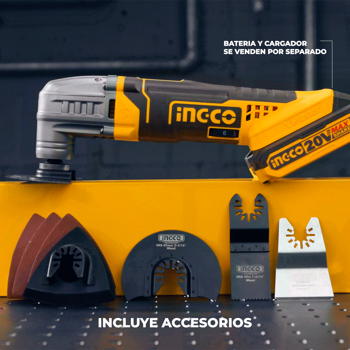 Multiherramienta Inalámbrica INGCO 20V 5000 - 20000RPM - 6 Velocidades + Accesorios CMLI2022 - MARKEMSTORE - Esmeriles