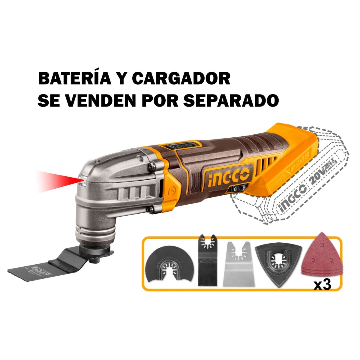 Multiherramienta Inalámbrica INGCO 20V 5000-20000RPM CMLI2022 - MARKEMSTORE - Esmeriles y Multiherramientas