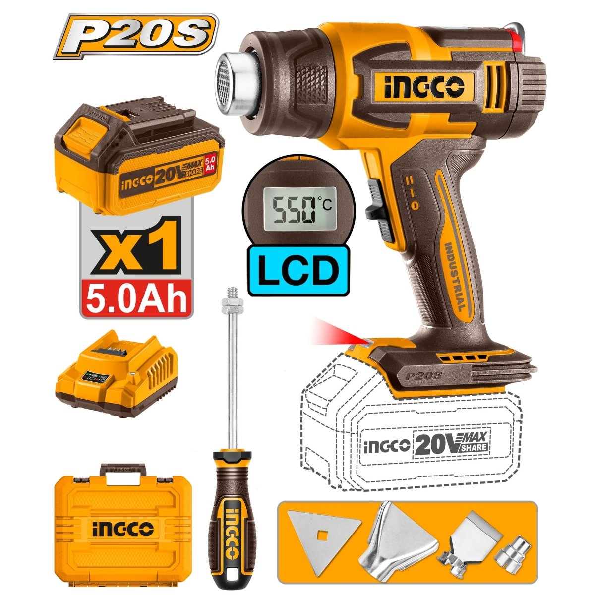 Pistola de Calor INGCO 20V LCD 30 - 550°C Ajustable + Batería 5Ah, Cargador y Accesorios UHGLI20035 - MARKEMSTORE - Pistolas y Sopladores