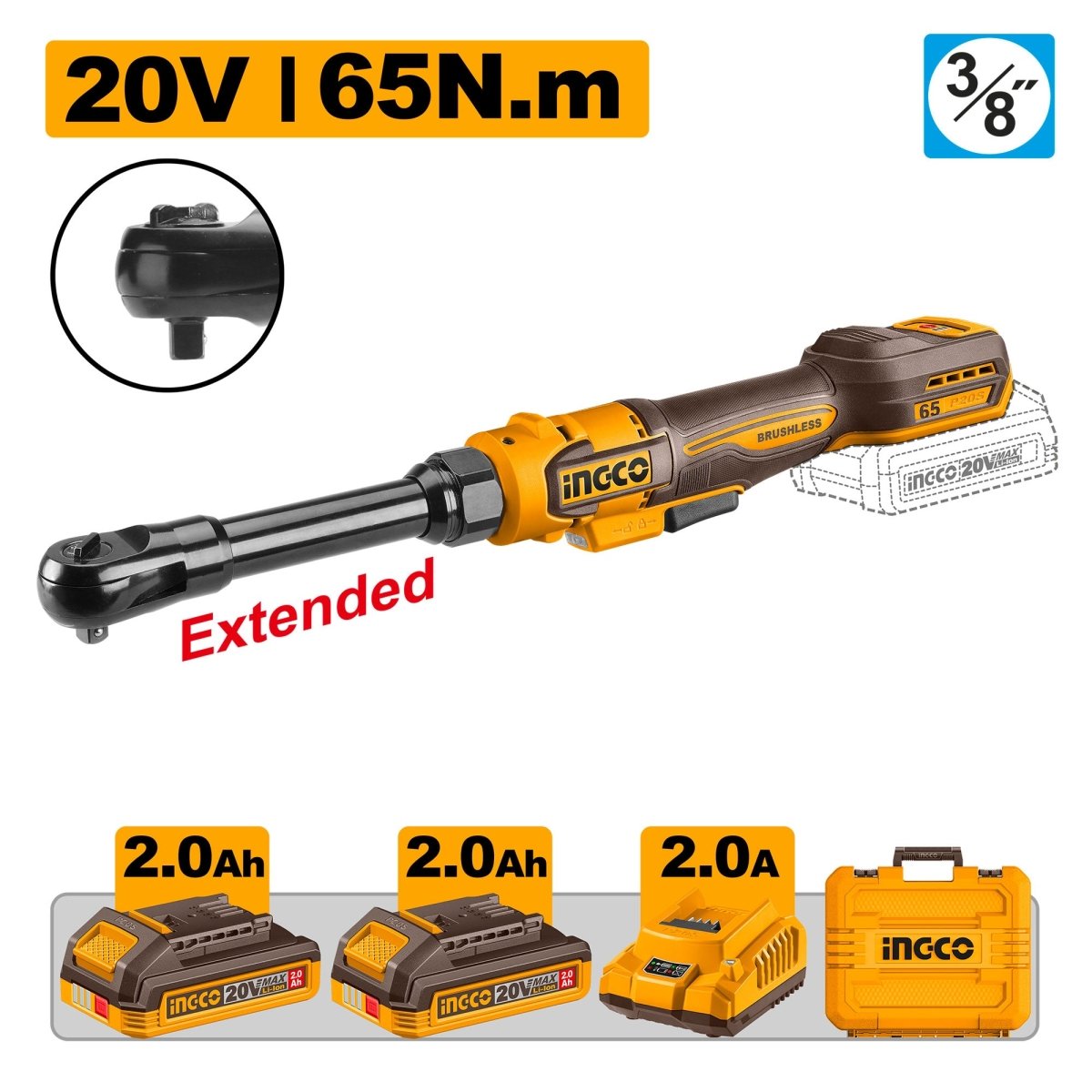 Ratchet M3/8 20V 65Nm 350Rpm INGCO Ucdrli2065292 - MARKEMSTORE - Llave de Impacto