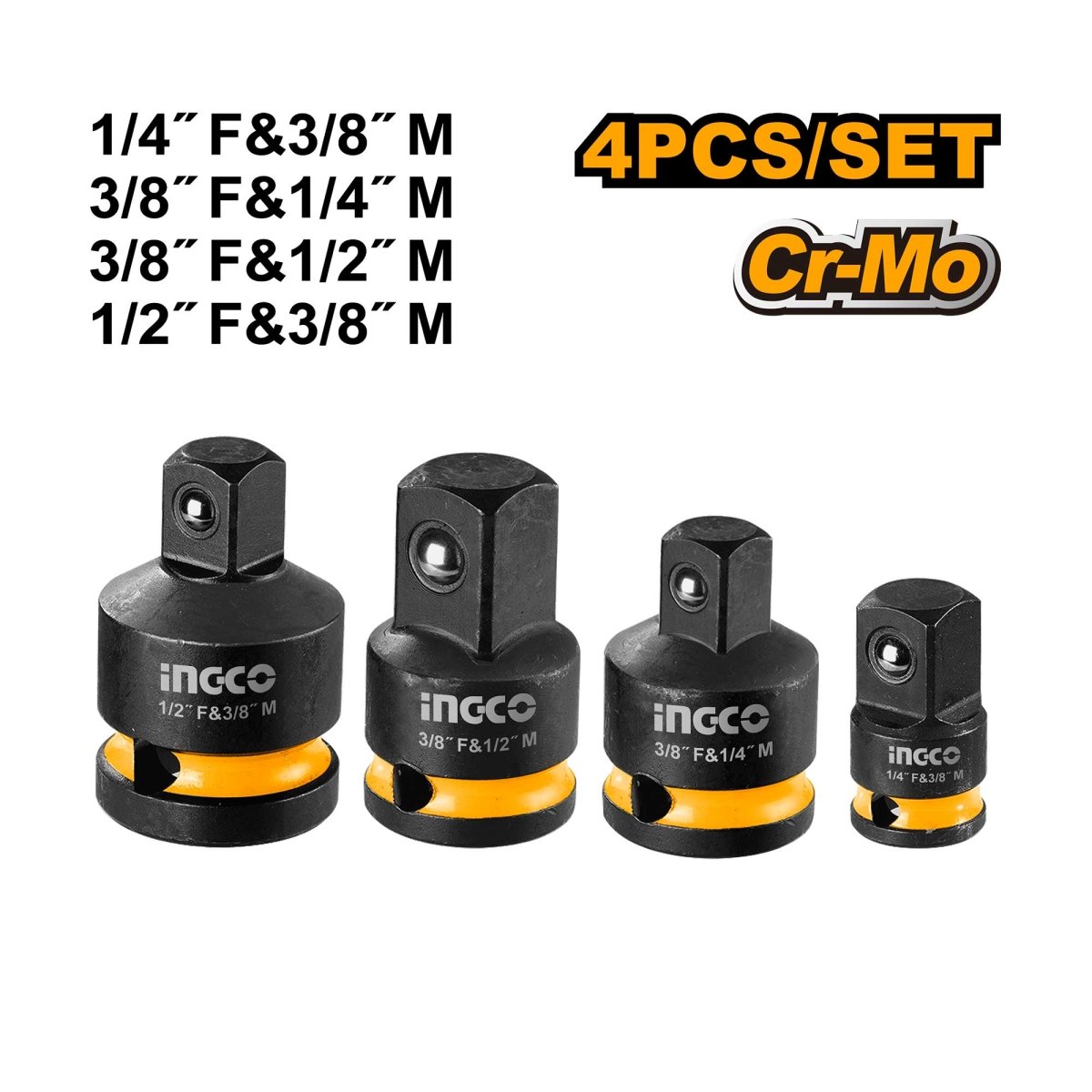 Set Adaptadores Para Dados Impacto 4 piezas Ingco HKISAD12438 - MARKEMSTORE - Dados y accesorios