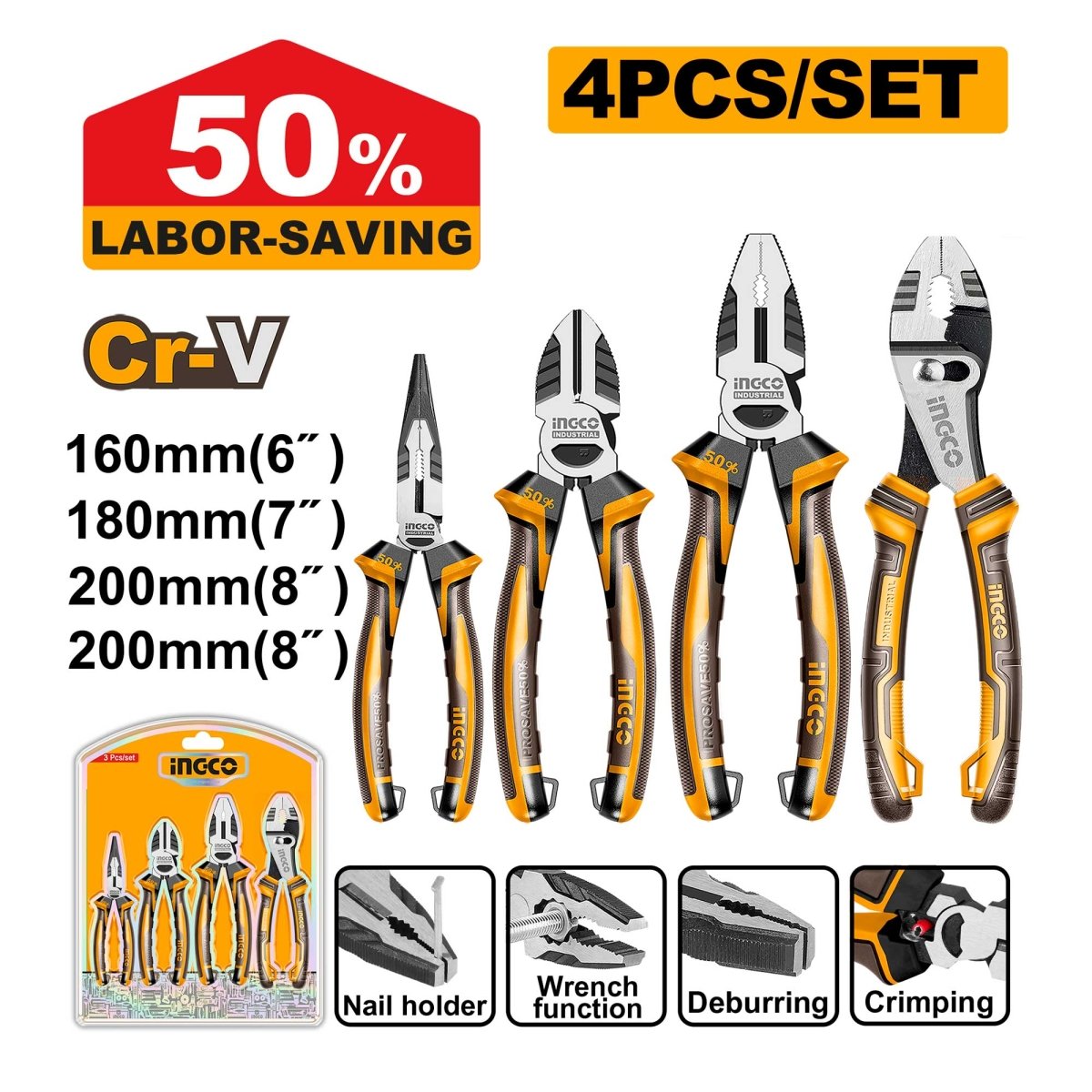 Set Alicates 4 Pcs Ingco HKPS28498 - MARKEMSTORE - Alicates