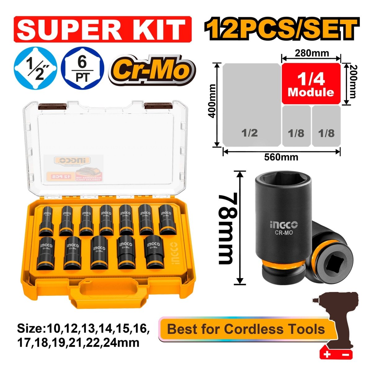 Set Dado Impacto Largo 12Pcs M1/2 Ingco Hkissd12126L - MARKEMSTORE - Dados y accesorios