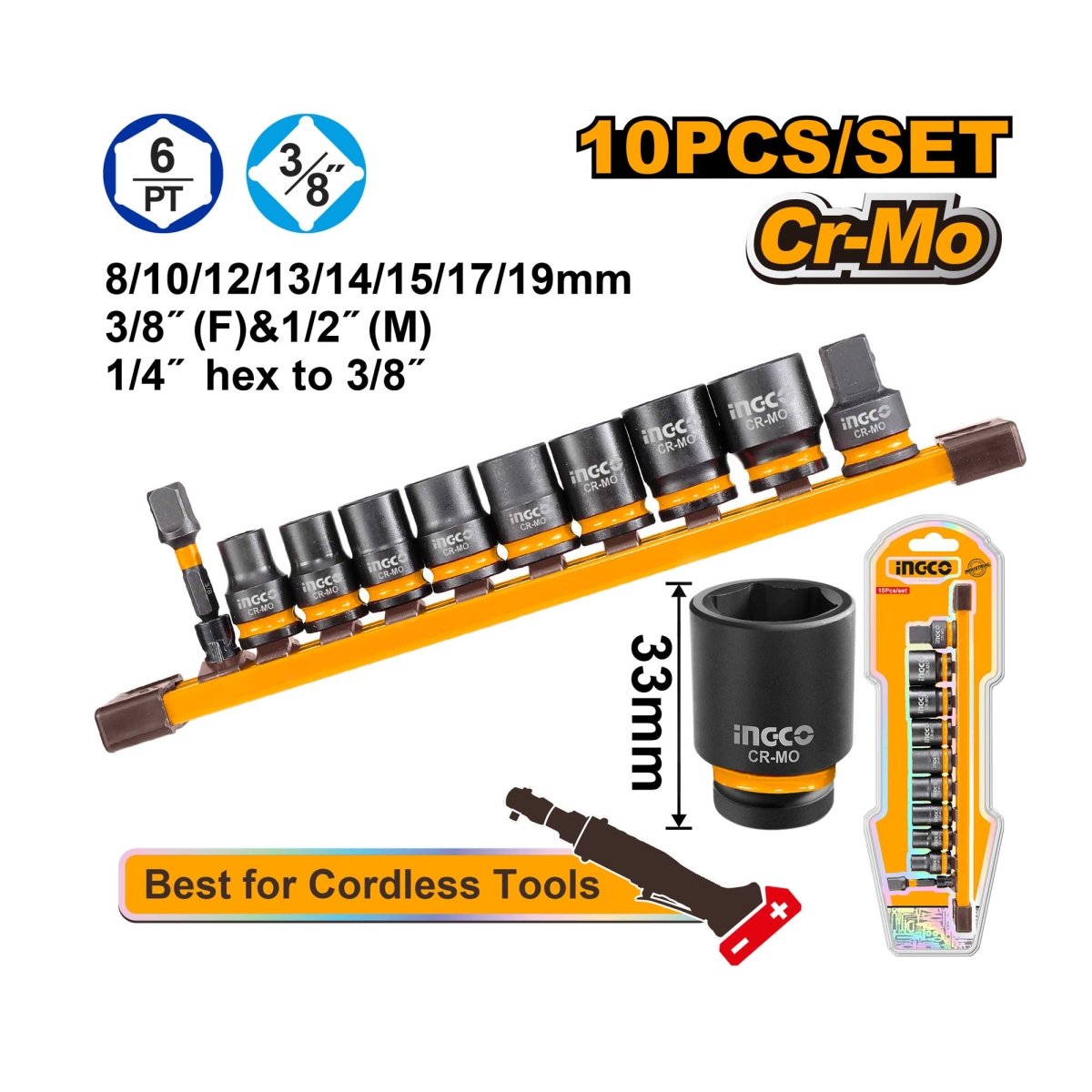 Set Dados Impacto 10Piezas M3/8 Ingco HKISSD38104 - MARKEMSTORE - Dados y accesorios