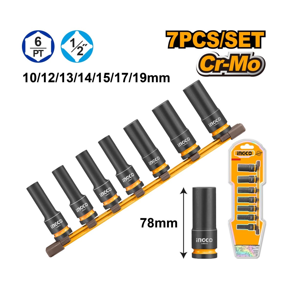 Set Dados Largos Impacto 7Pcs M1/2 Ingco HKISSD12072L - MARKEMSTORE - Dados y accesorios