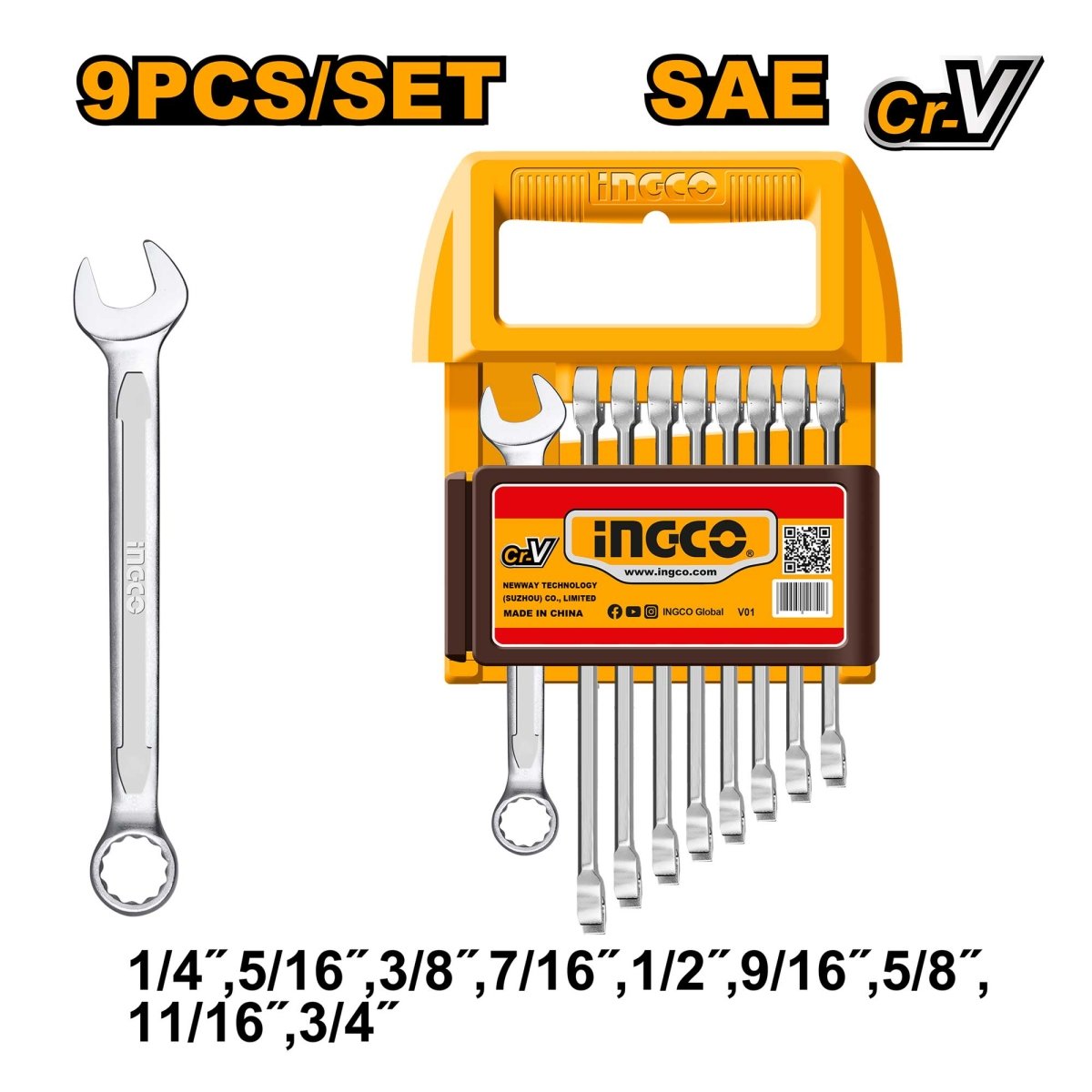 Set Llave Combinada 9Pcs 1/4-3/4´´ Ingco UHKSPA1096 - MARKEMSTORE - Llaves y Juegos