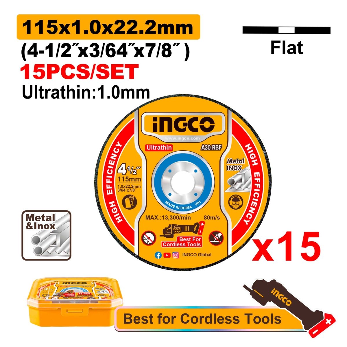 Set X 15 Discos de Corte Inox 4-1/2 x 3/64 x 7/8 Ingco MCD1015115 - MARKEMSTORE - Discos
